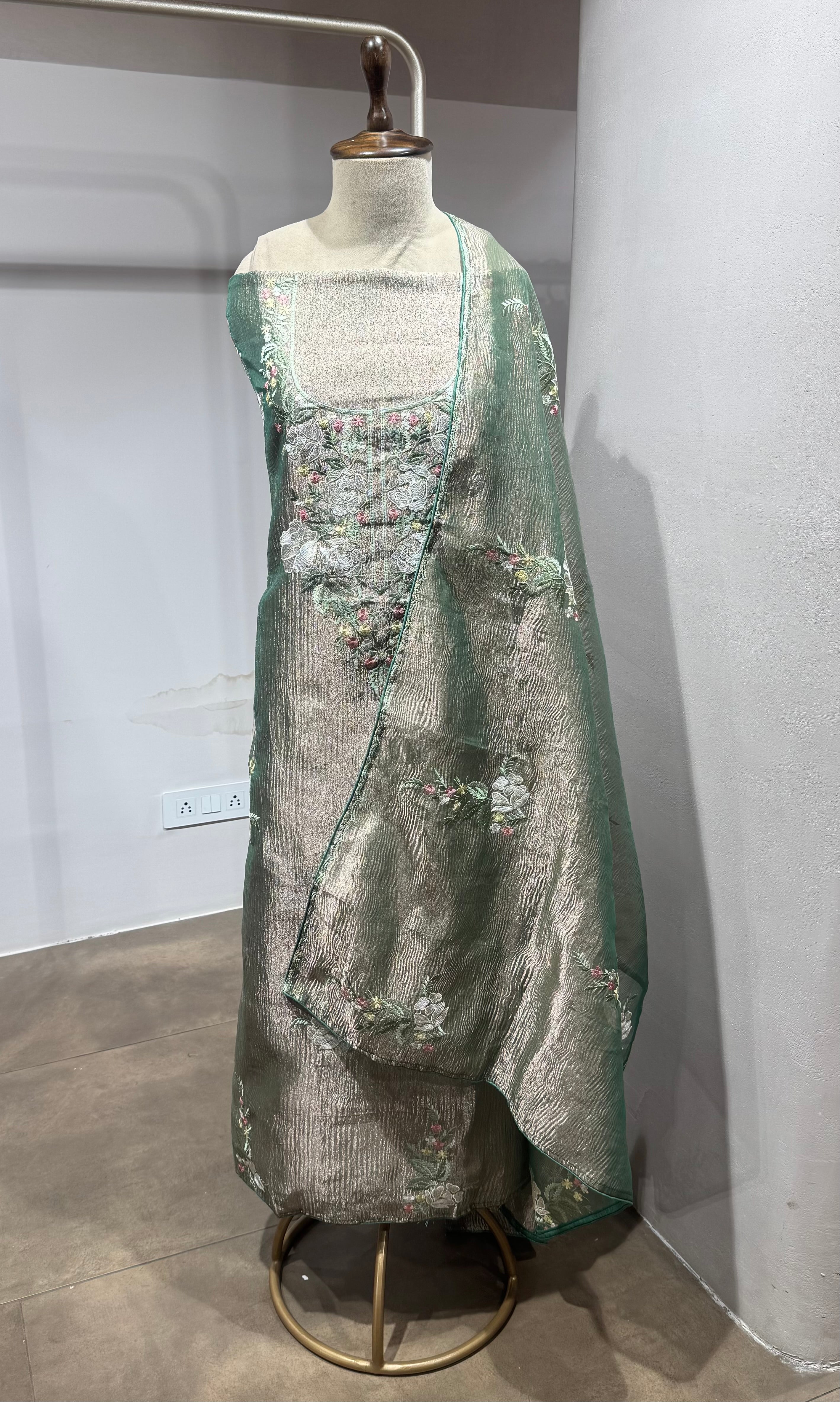 Green Floral tissue dress material