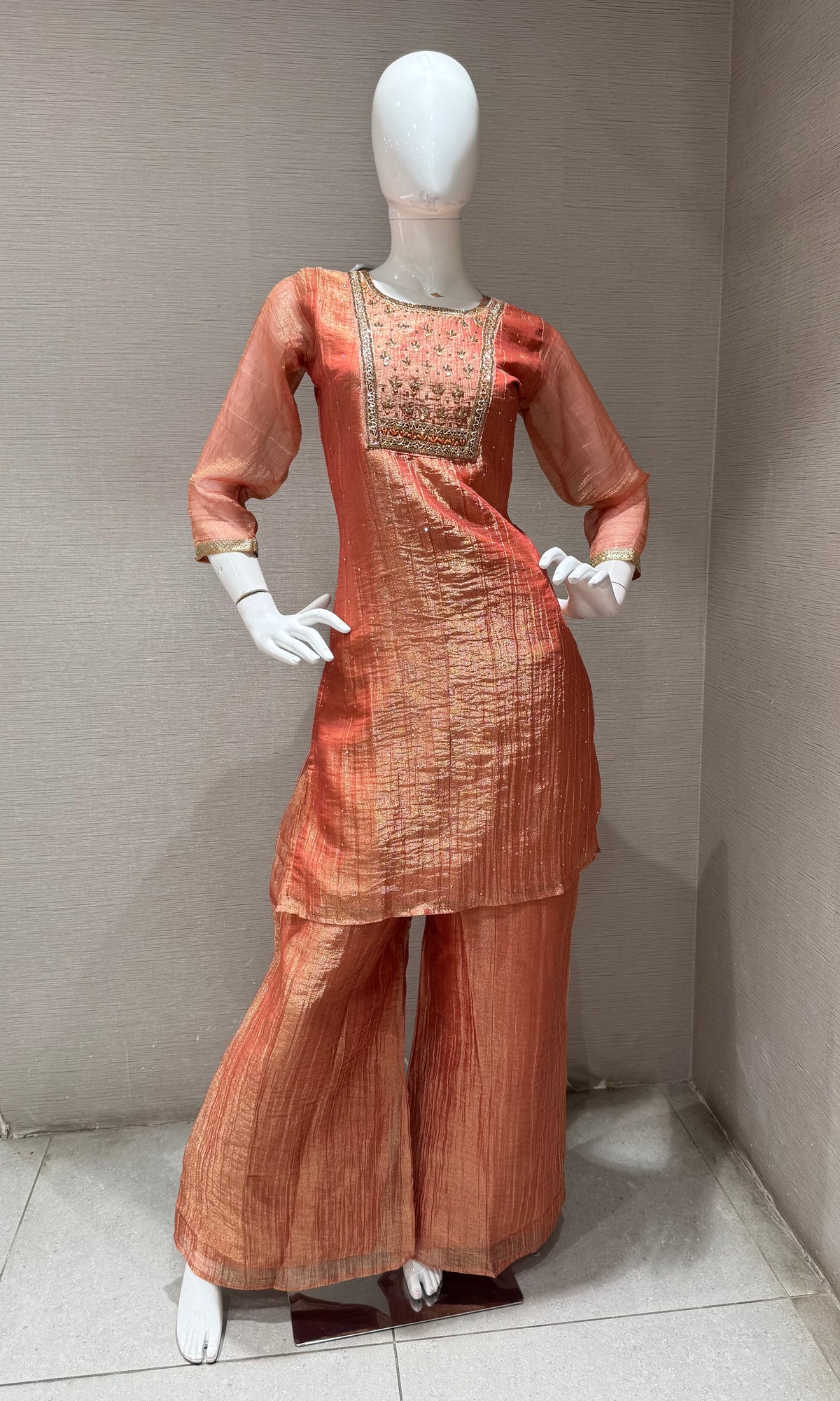 Rust Tissue silk Salwar Kurta with Palazzo pants