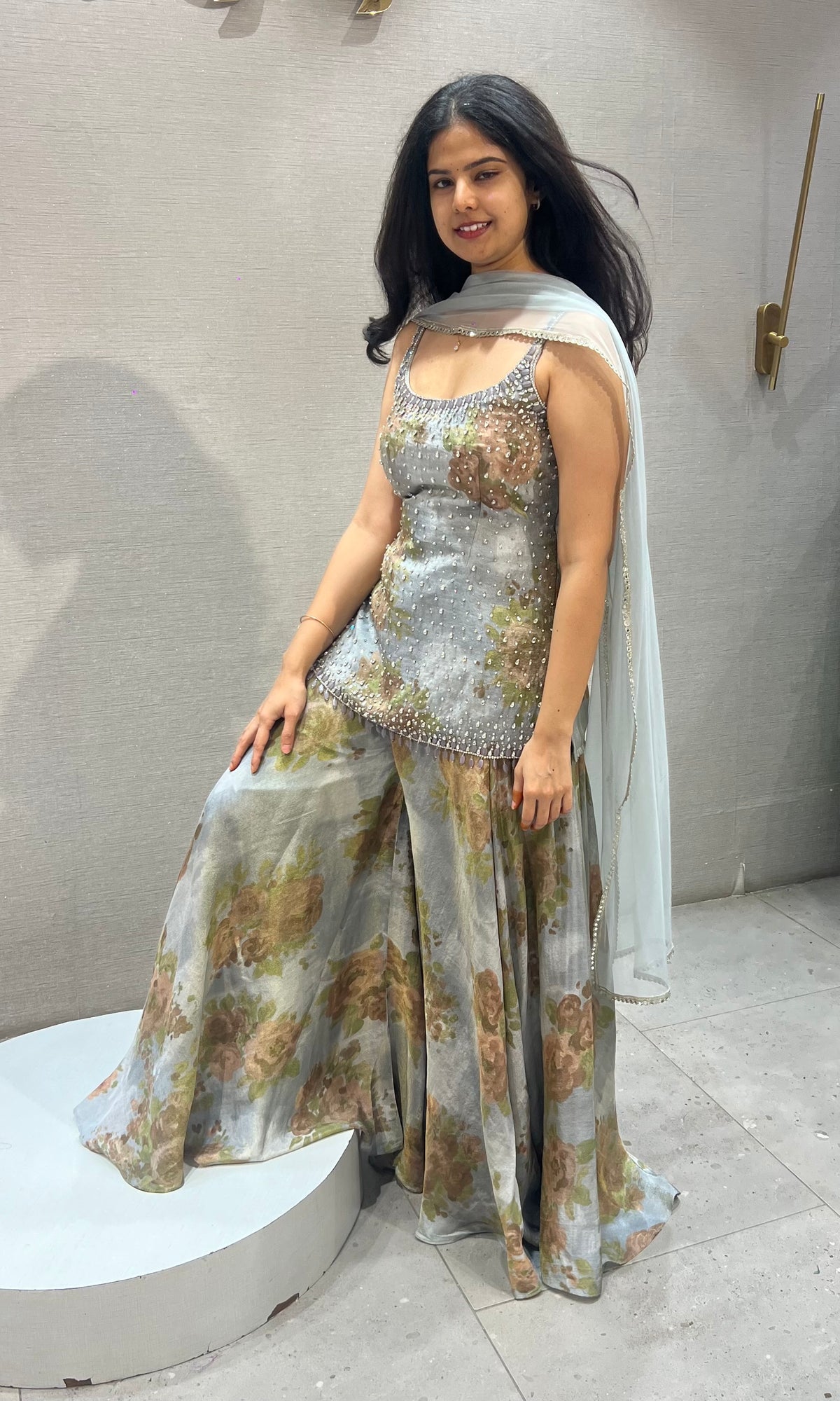 Light Blue silk Floral Printed Sharara set with Sheer Dupatta