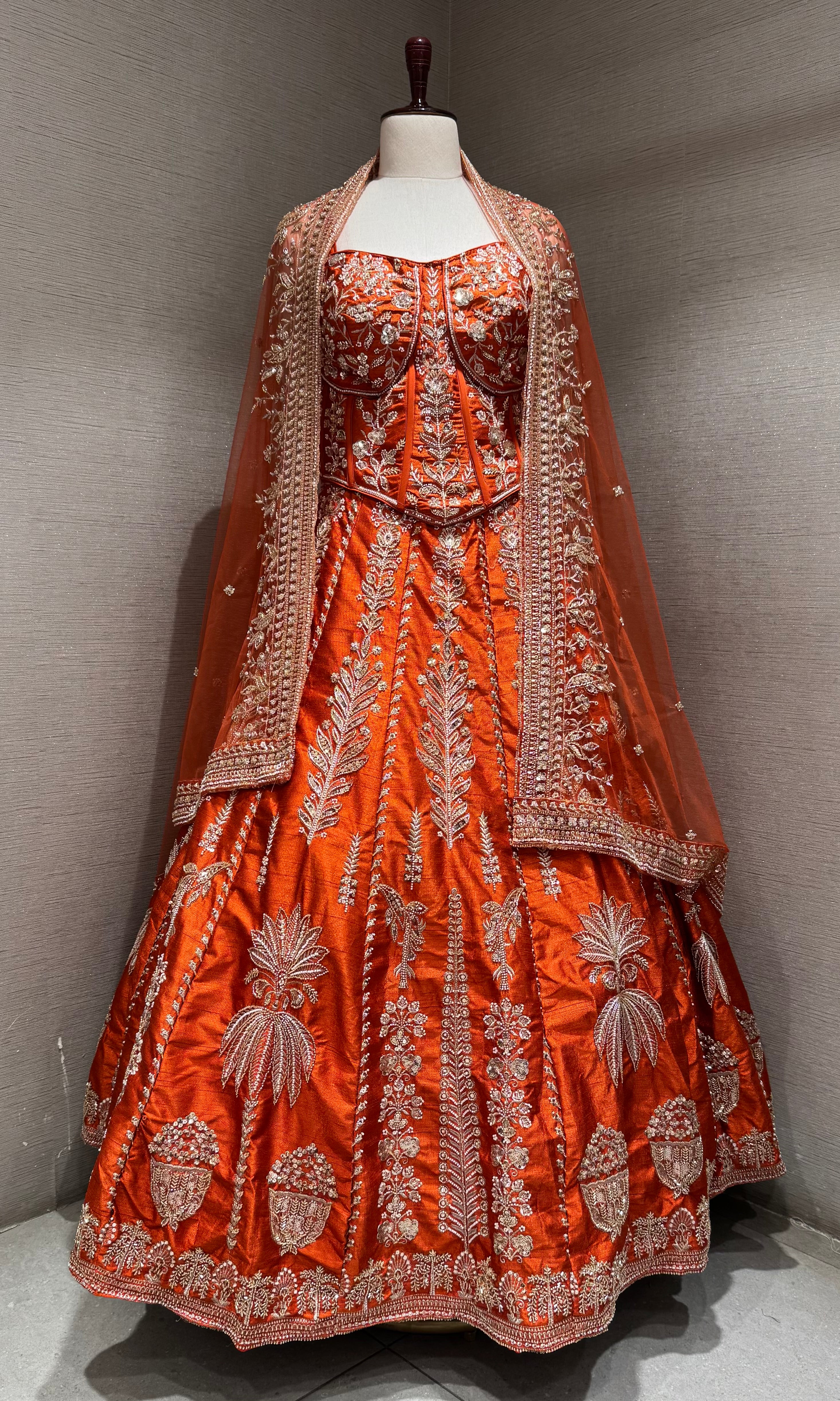 Orange Embroidered Peplum crop top Lehenga Set
