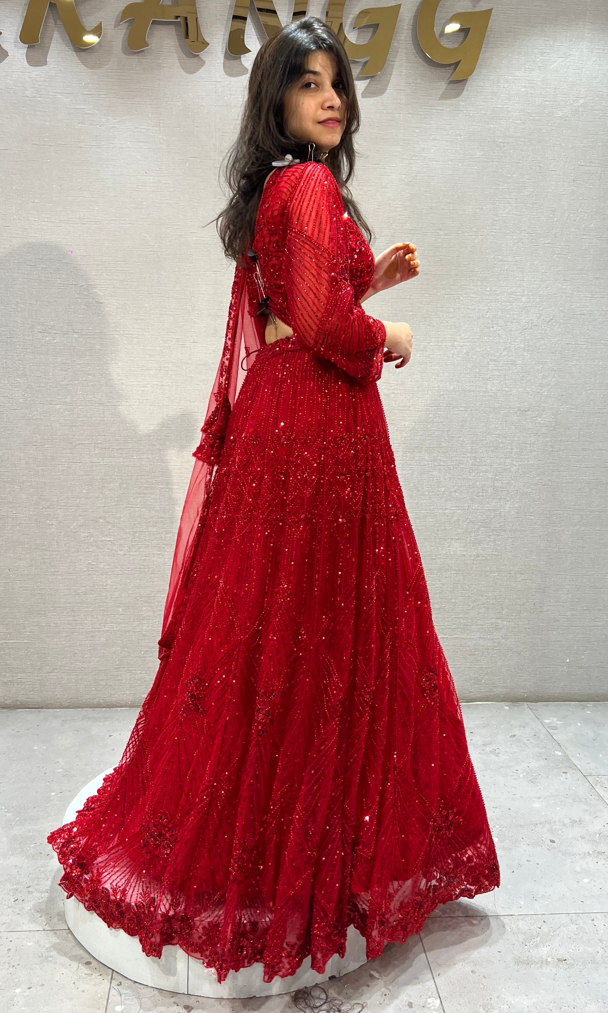 Red Embellished Lehenga set with Sheer Dupatta
