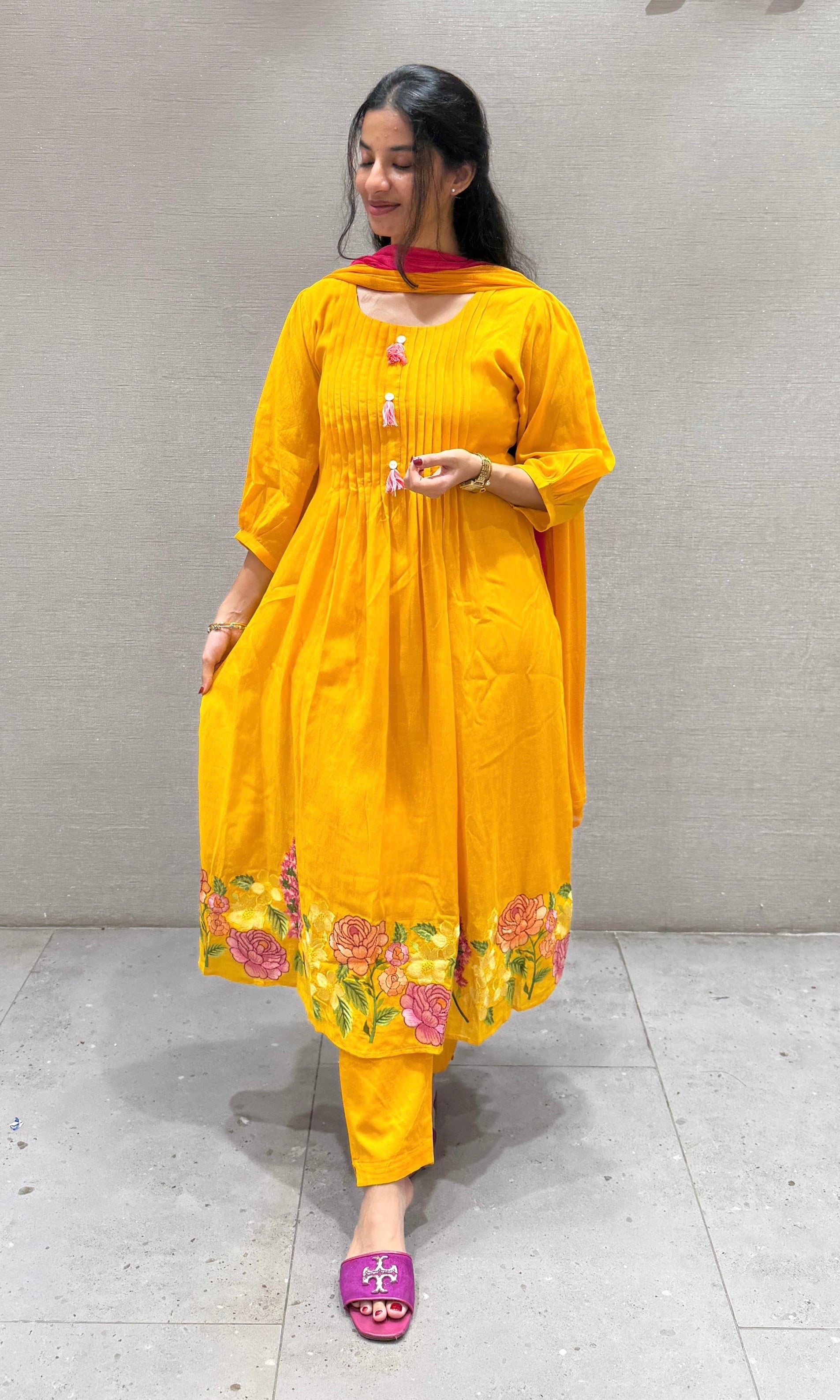 Yellow Flower Mul Chanderi kurta set
