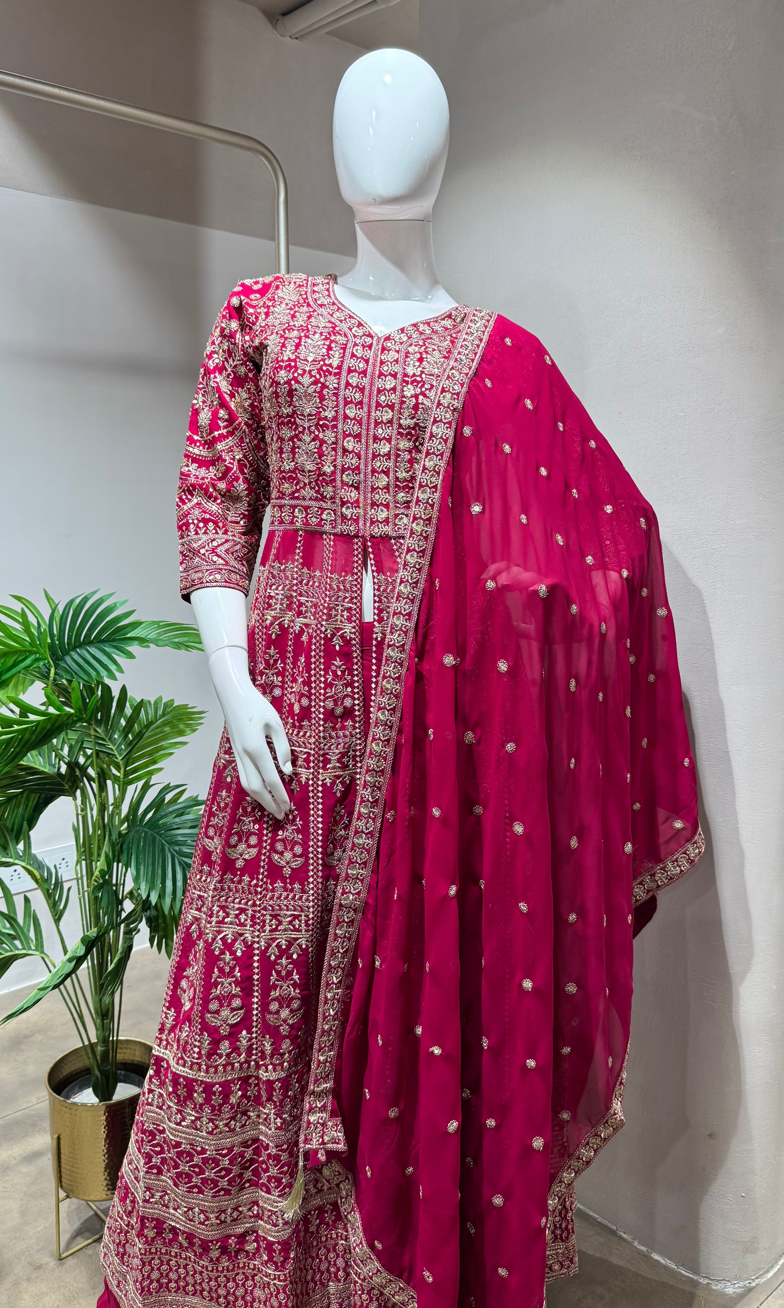 RANI PINK Embroidered front Slit anarkali set