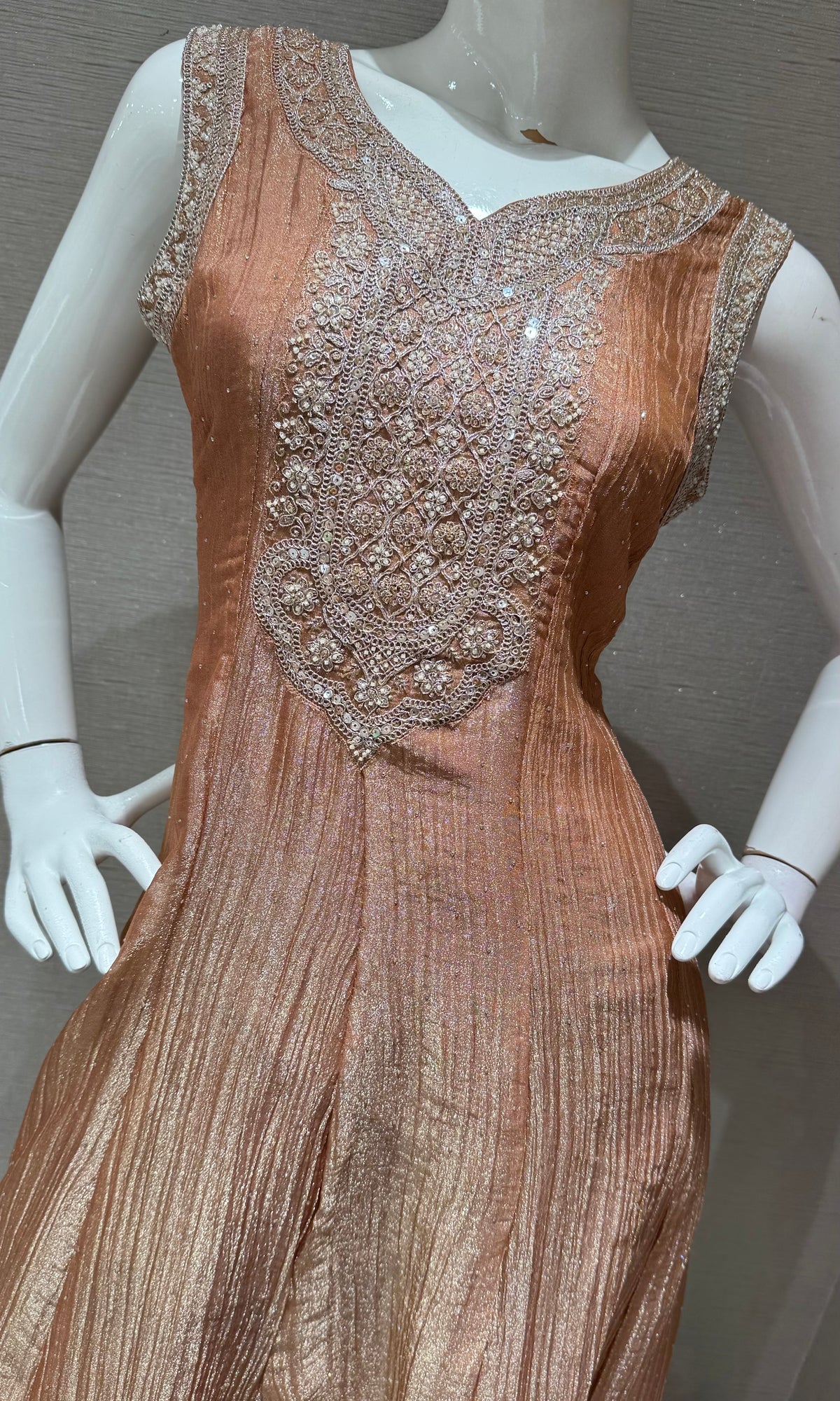 Peach Shimmer Golden Embroidered Kurta Set with dupatta