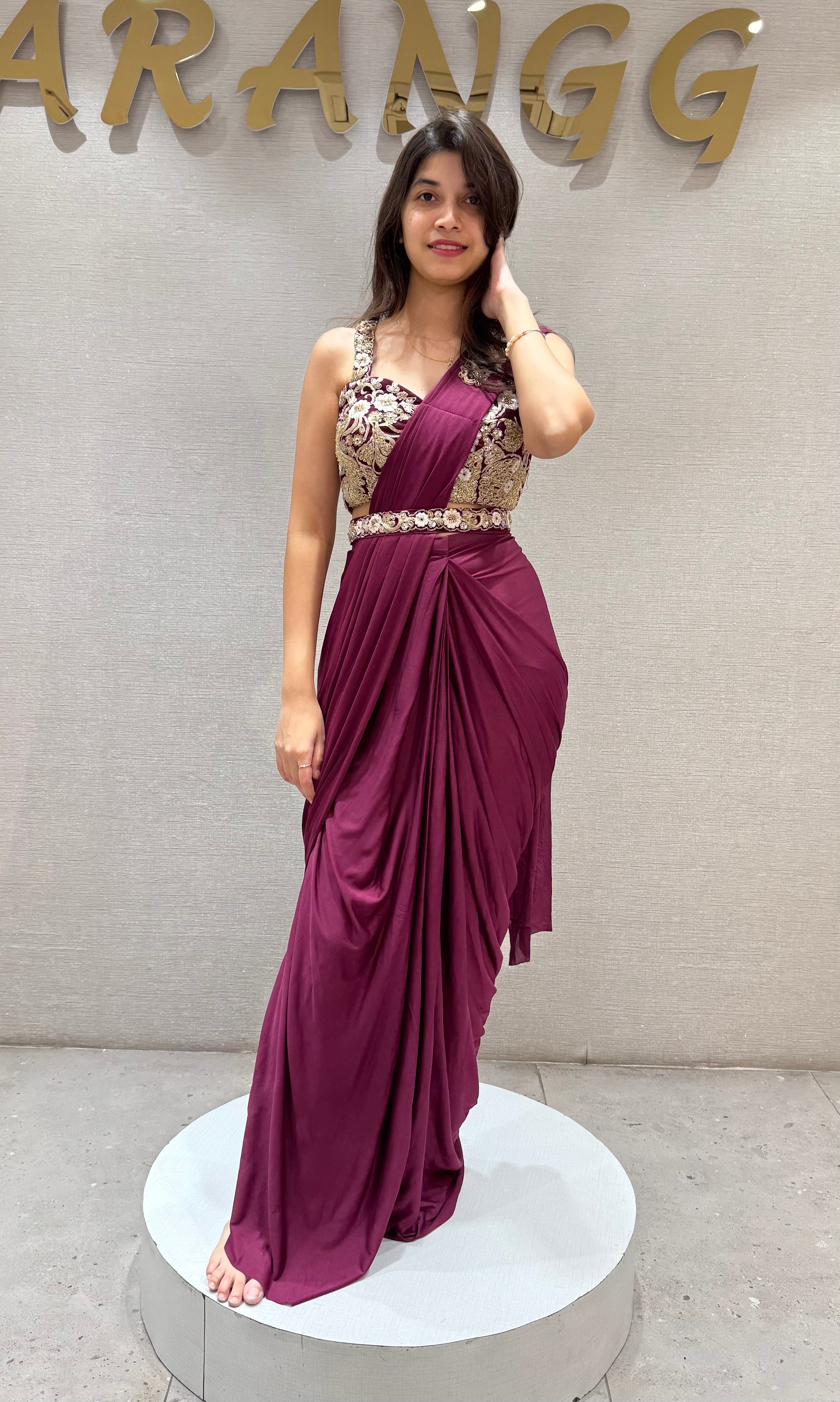 Wine Draped Saree with Embroidered Blouse