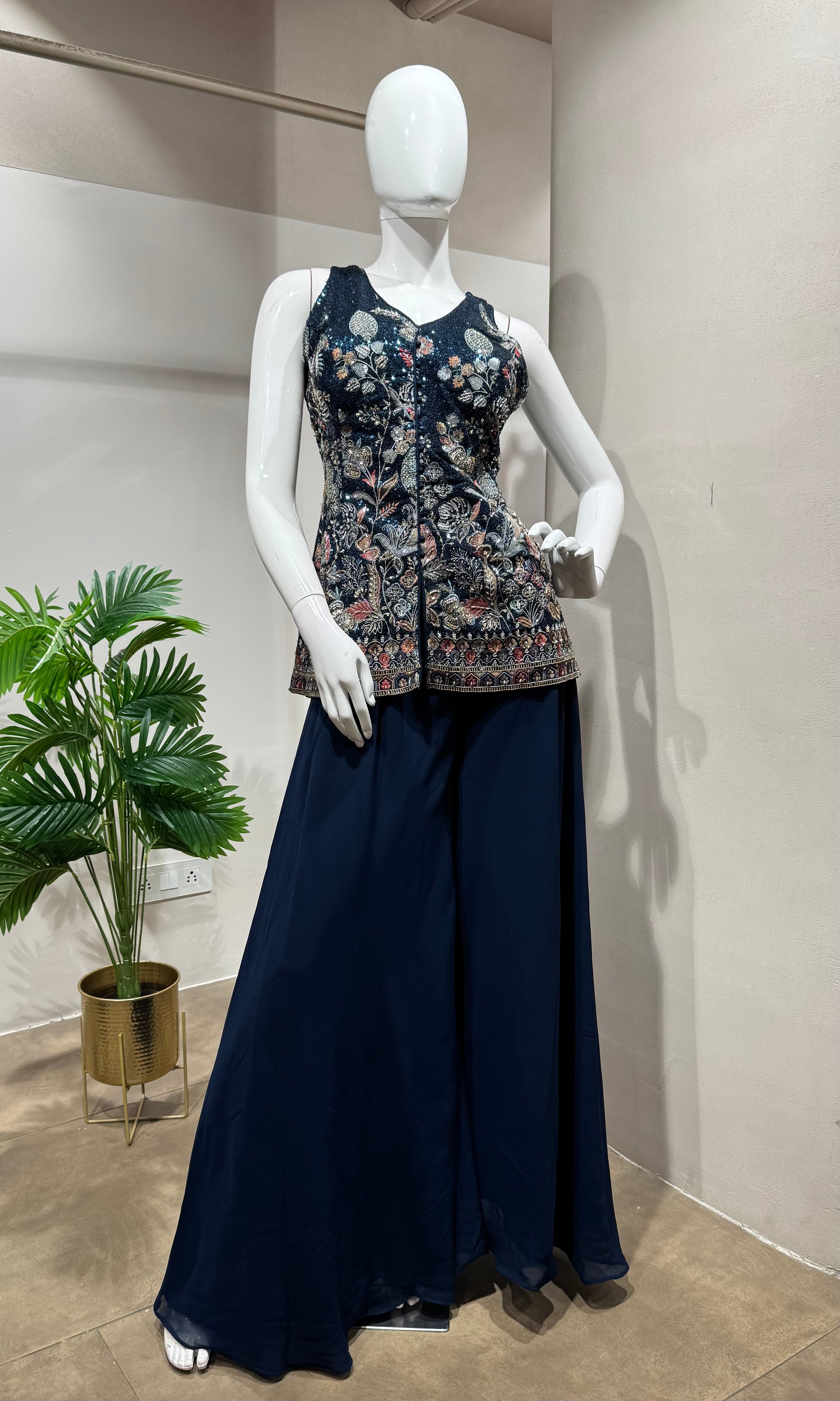 Navy blue georgette sequin palazzo suit