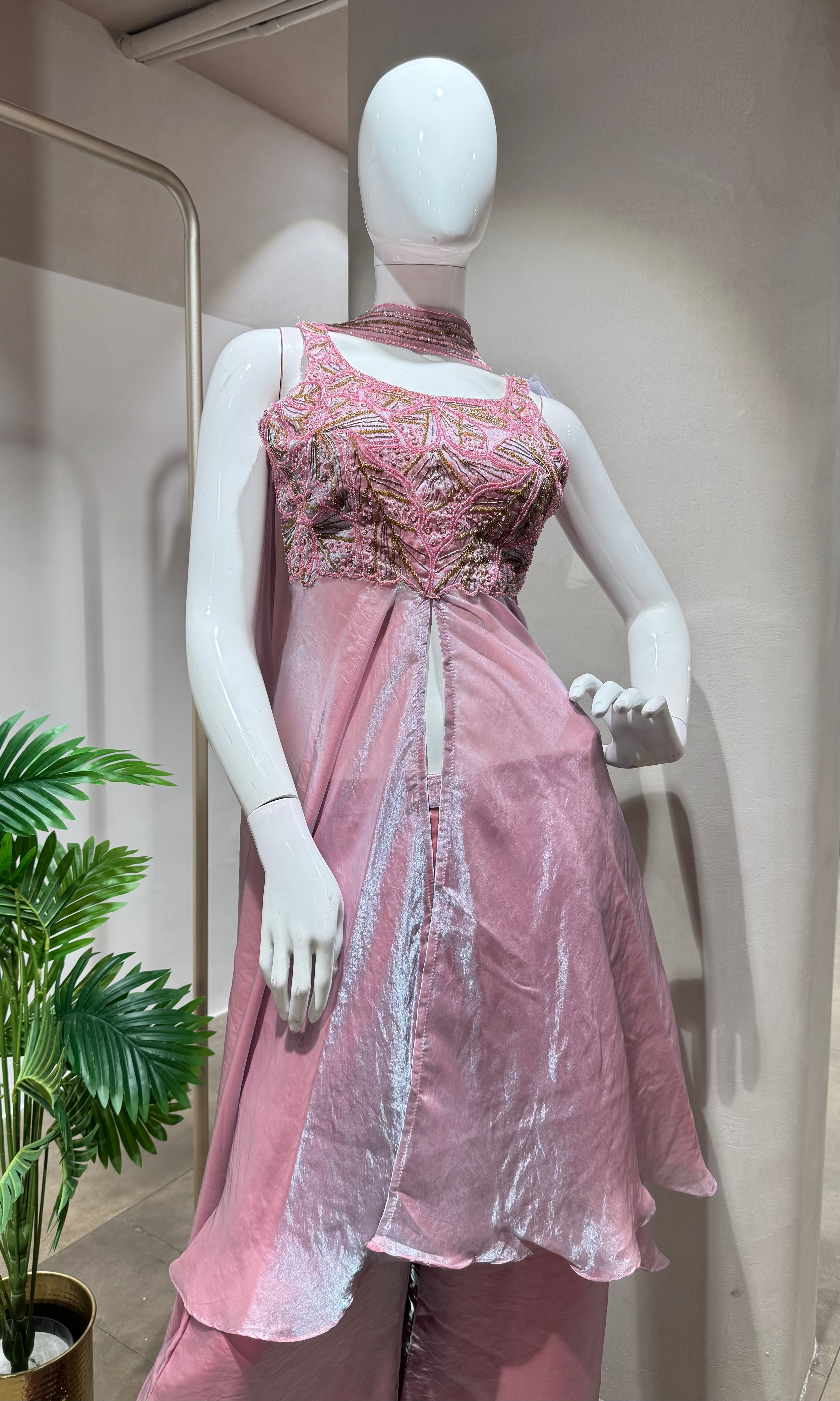 PINK A LINE SHIMMER TISSUE PALAZZO SET