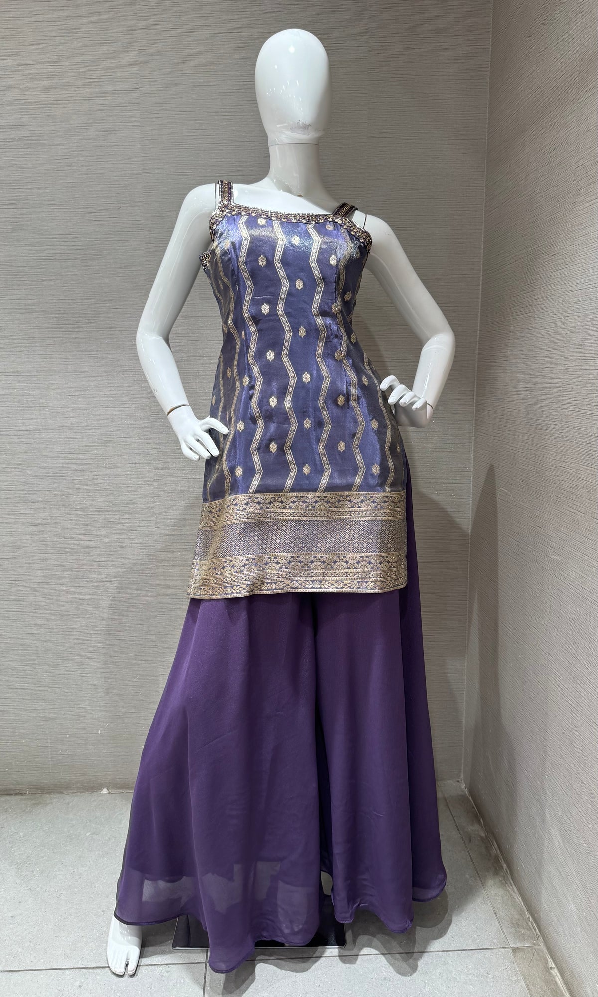 Purple Golden Georgette Flared Sharara set with Dupatta