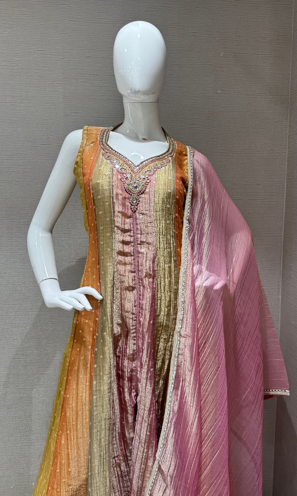 MULTI BANARASI TISSUE SILK ANARKALI SET WITH DUPATTA