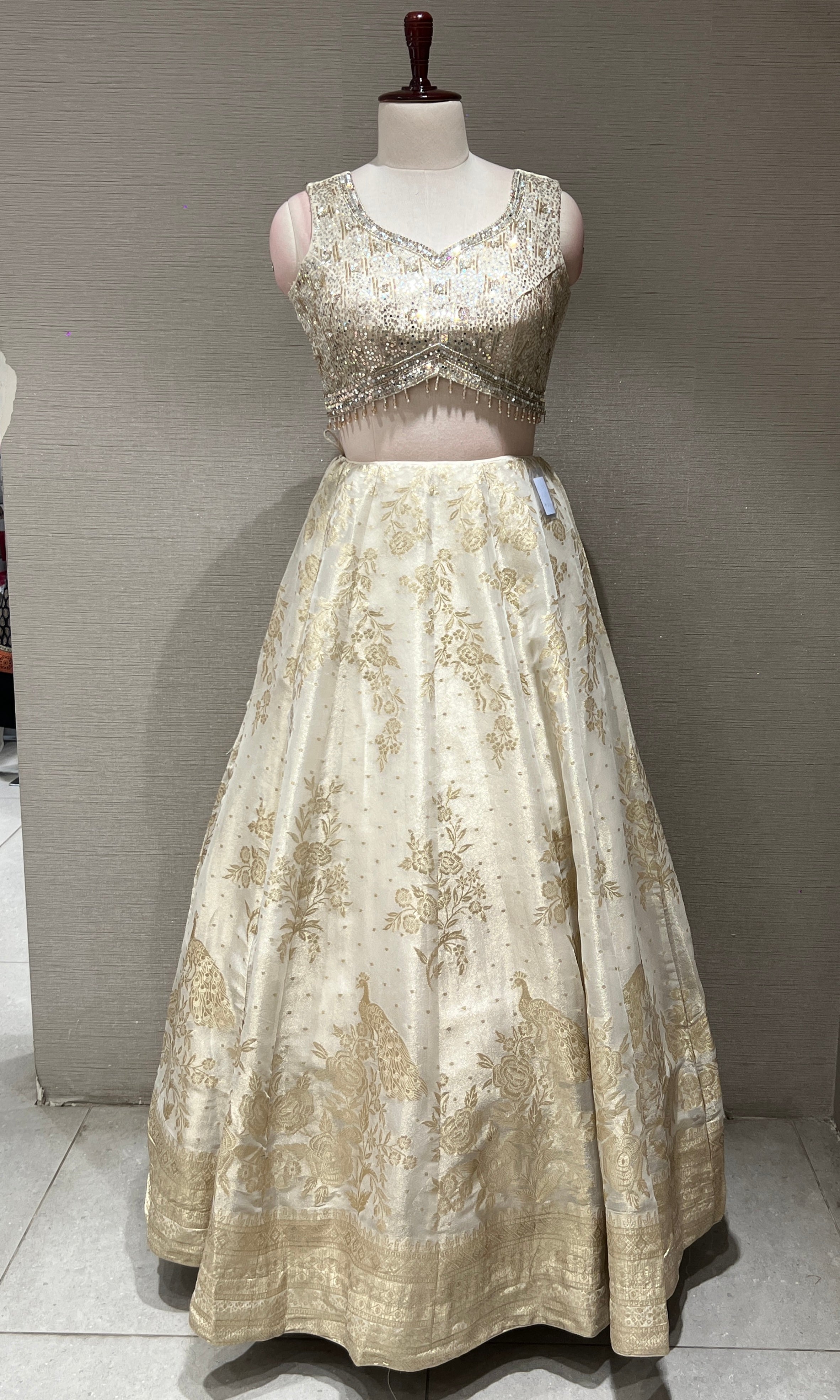 Off white Gold Lehenga with Embellished Blouse