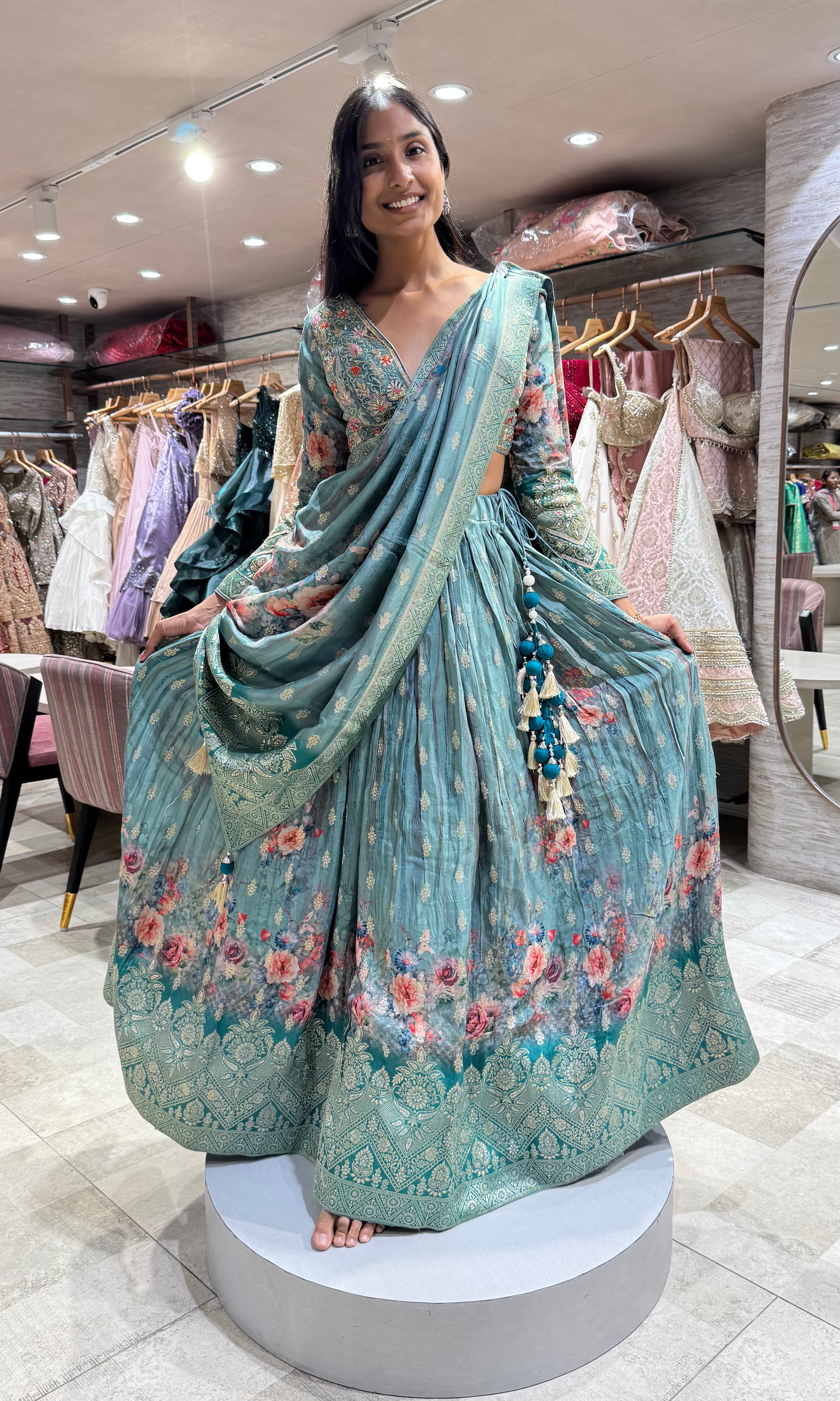 SEA GREEN FLORAL EMBROIDERED LEHENGA