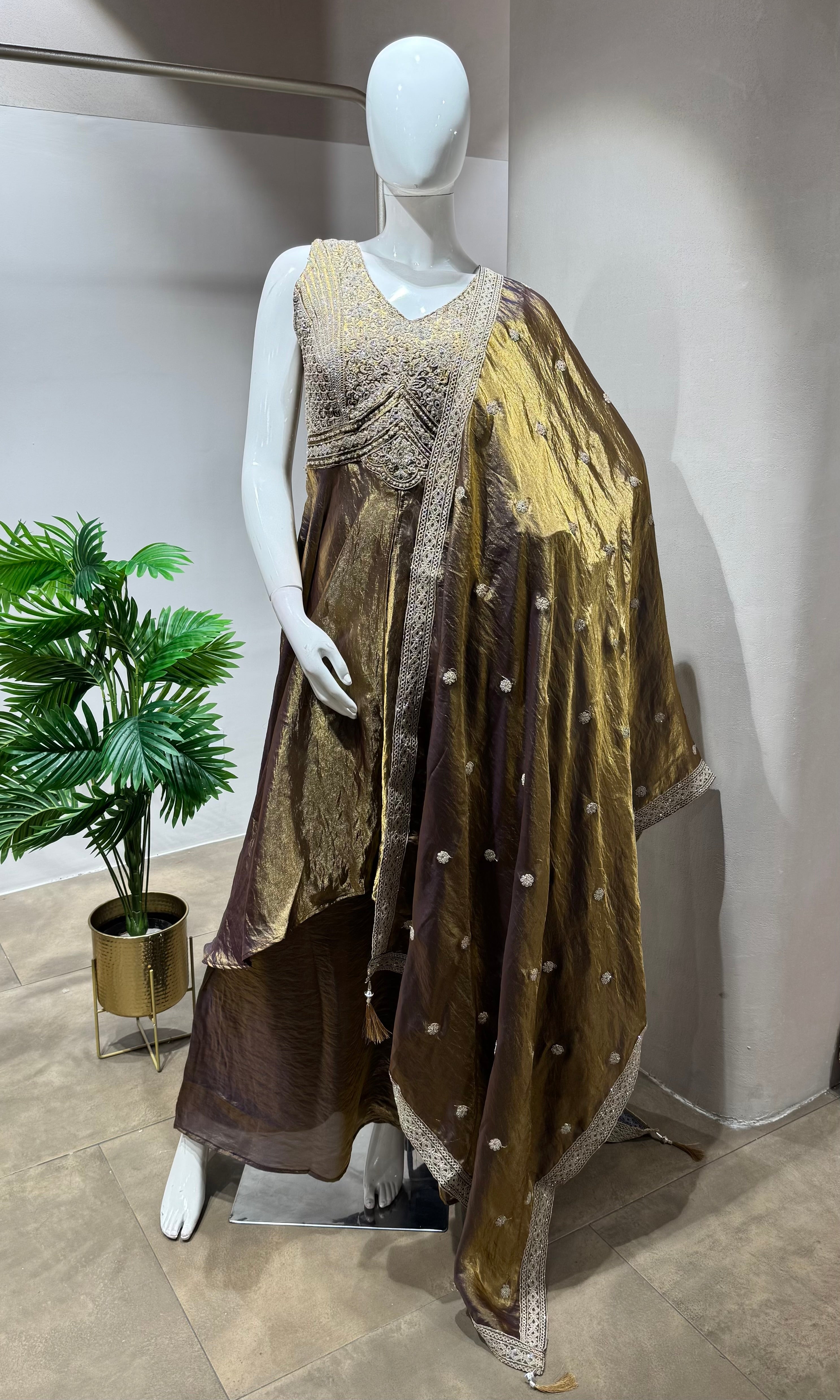 Brown gold shimmer tissue A line anarkali