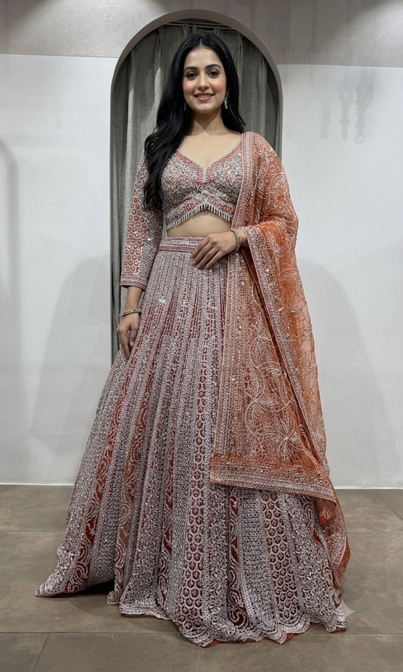 Rust and grey heavy bridal lehenga