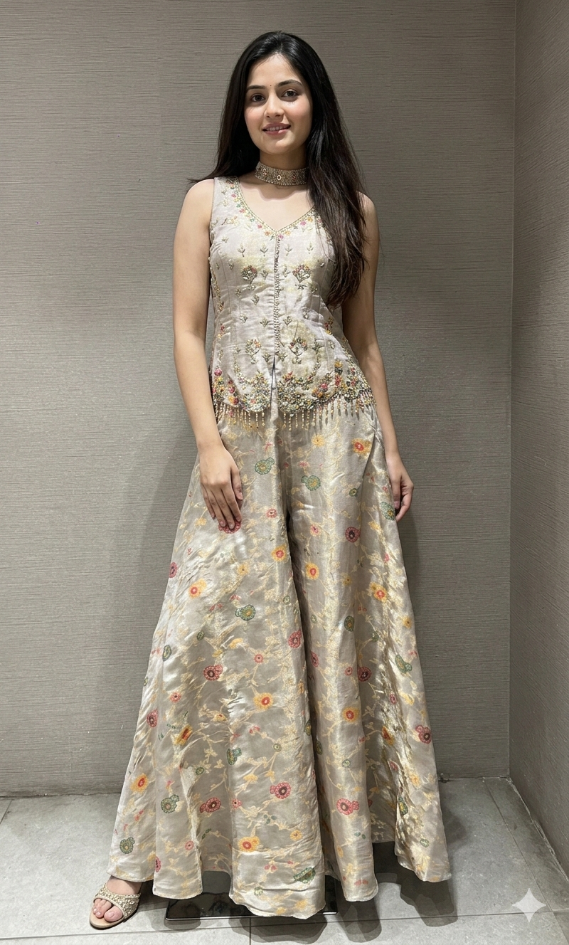 Grey FLORAL EMBROIDERED PALAZZO SET