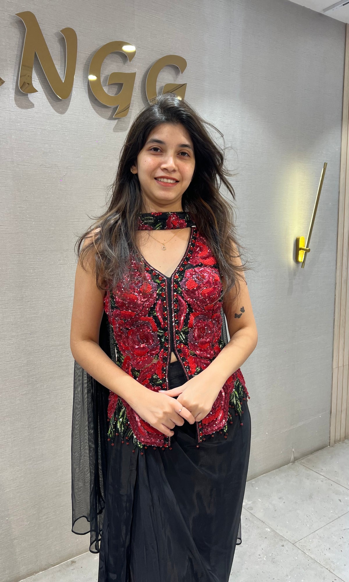 Black & Red Crimson Floral with Dhoti Pants