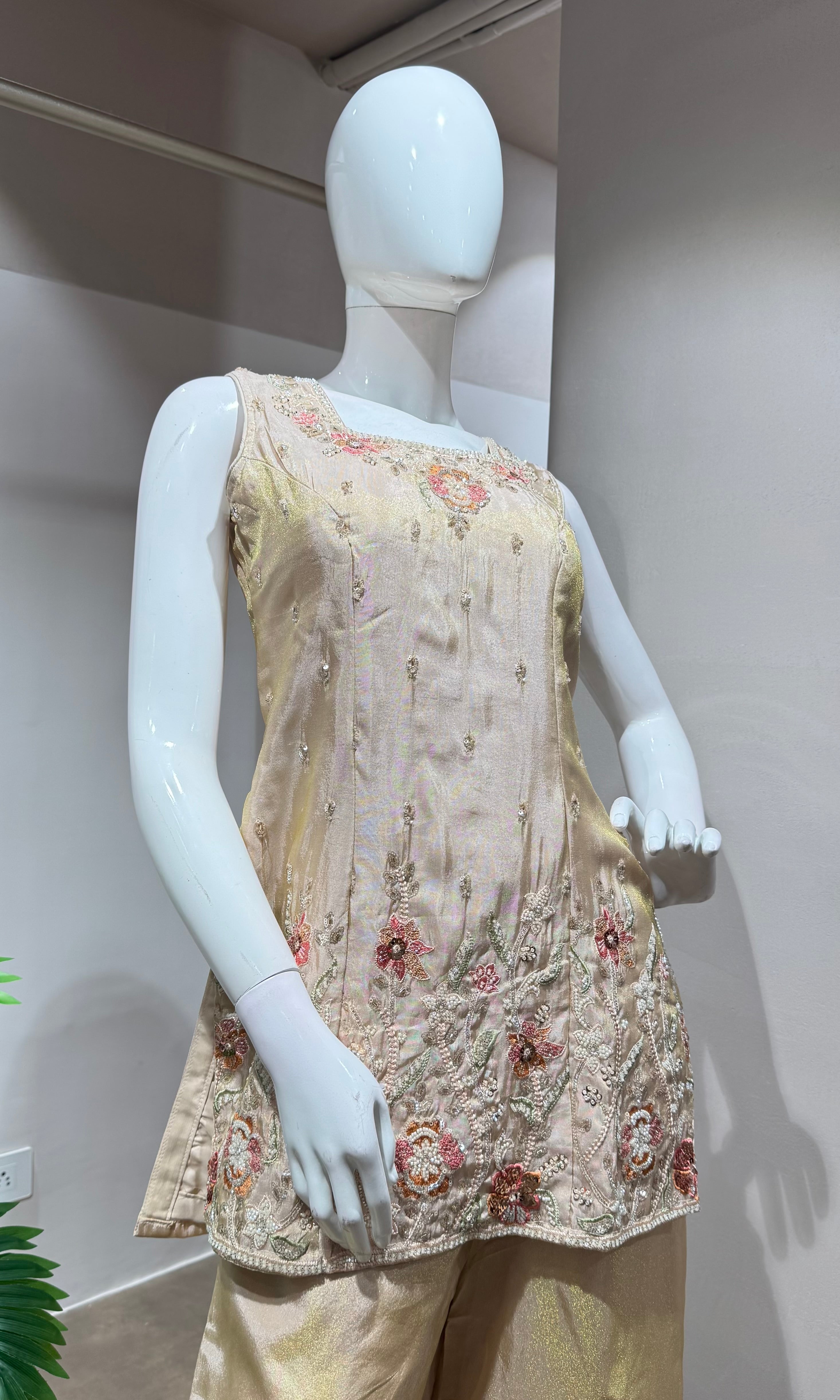 Peach shimmer gold tissue floral embroidery sharara