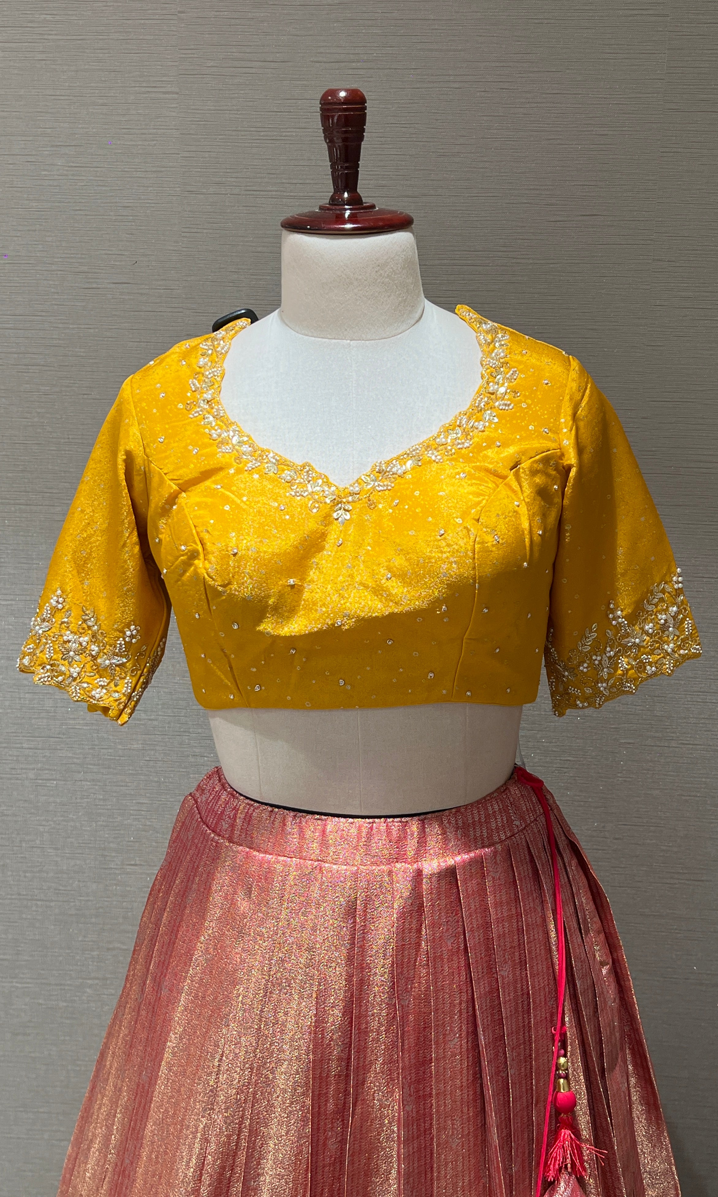 lotus pink lehenga with yellow blouse