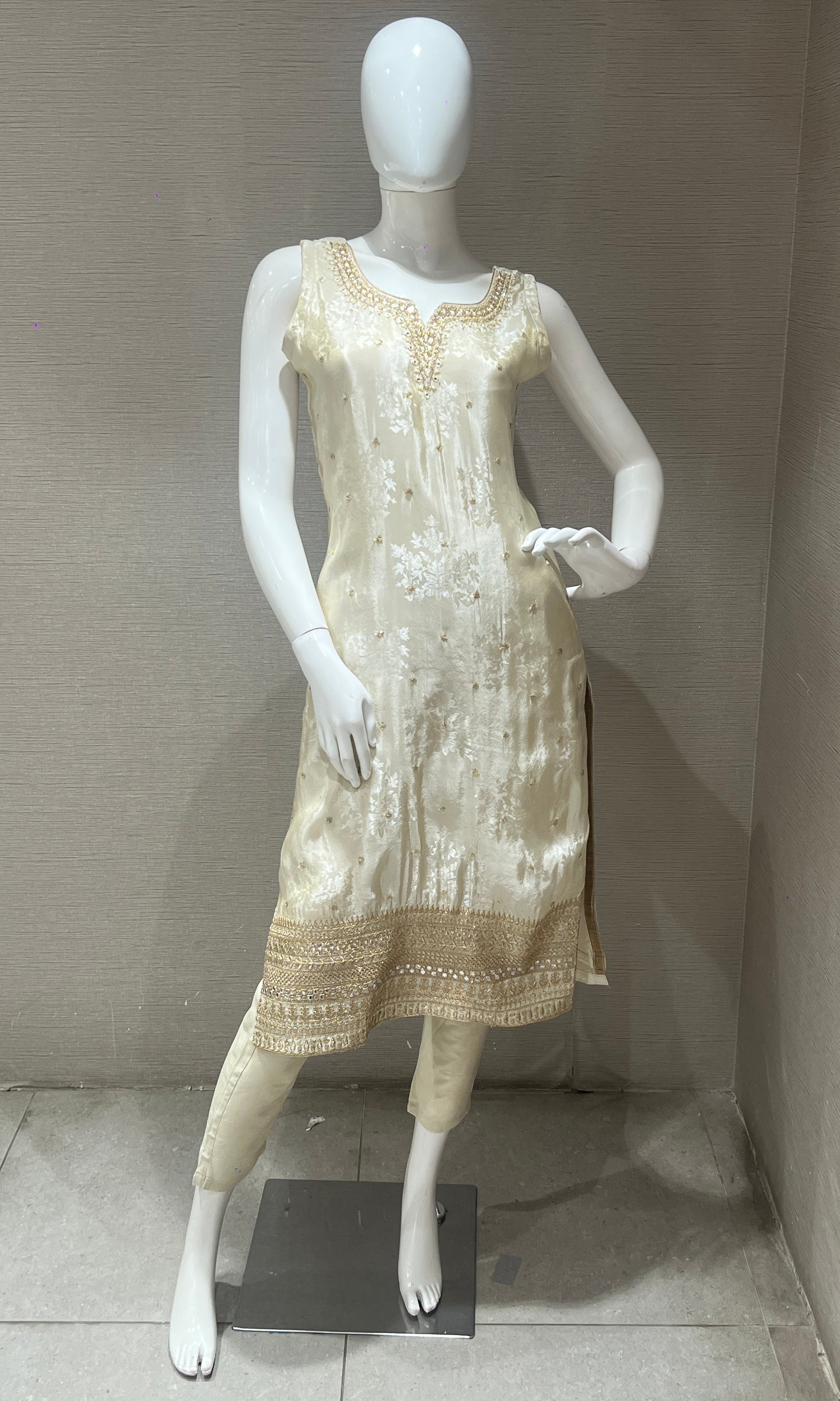 Cream and Gold Embroidered Kurta Set