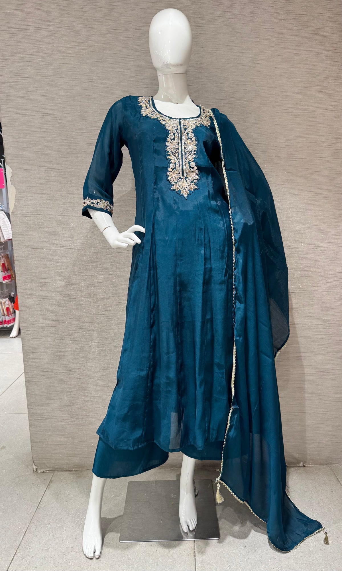 Peacock Blue Kurta set with Matching Sheer Dupatta