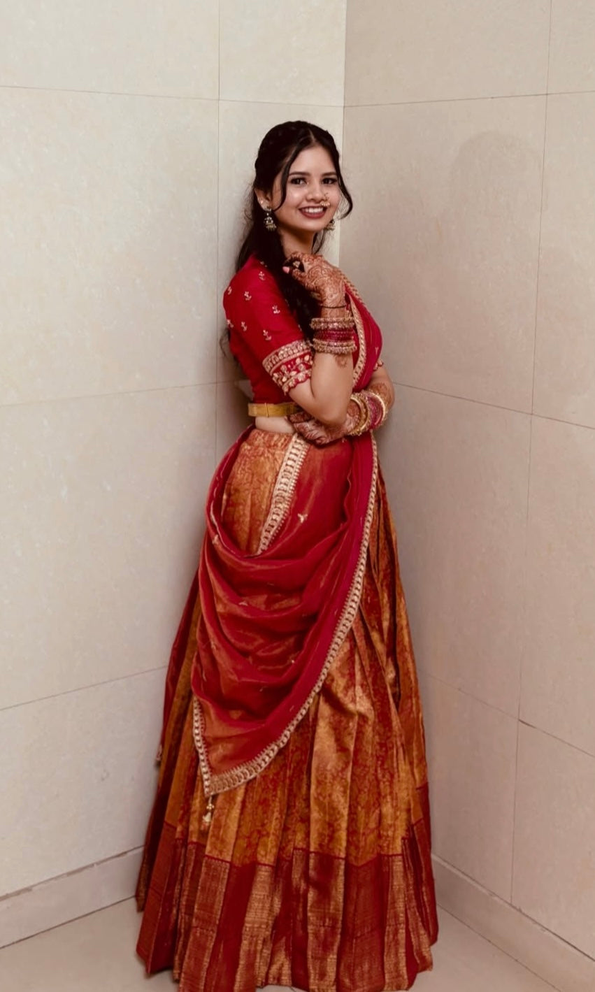 Orange and red banarasi pattu lehenga
