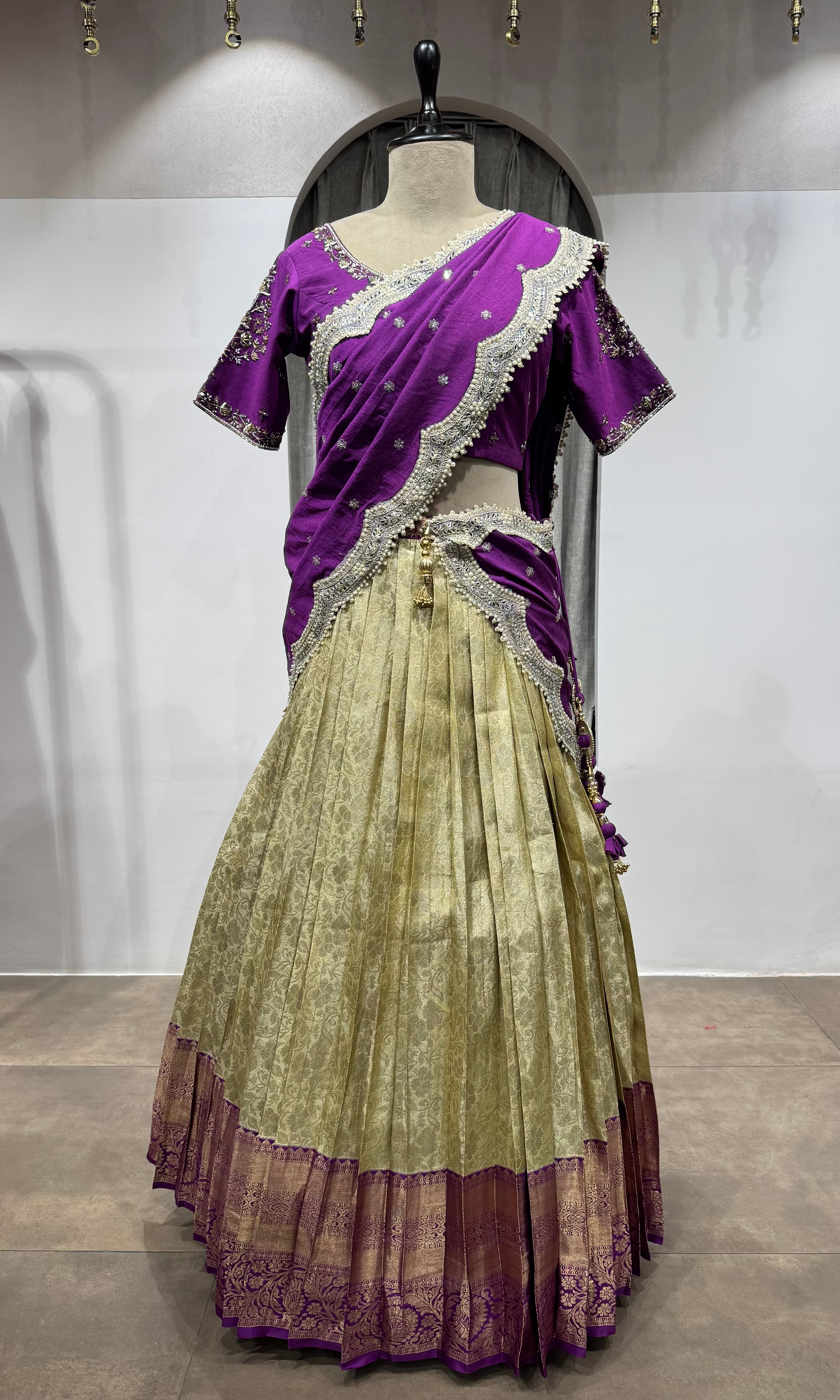 WINE and cream kanjivaram pattu lehenga