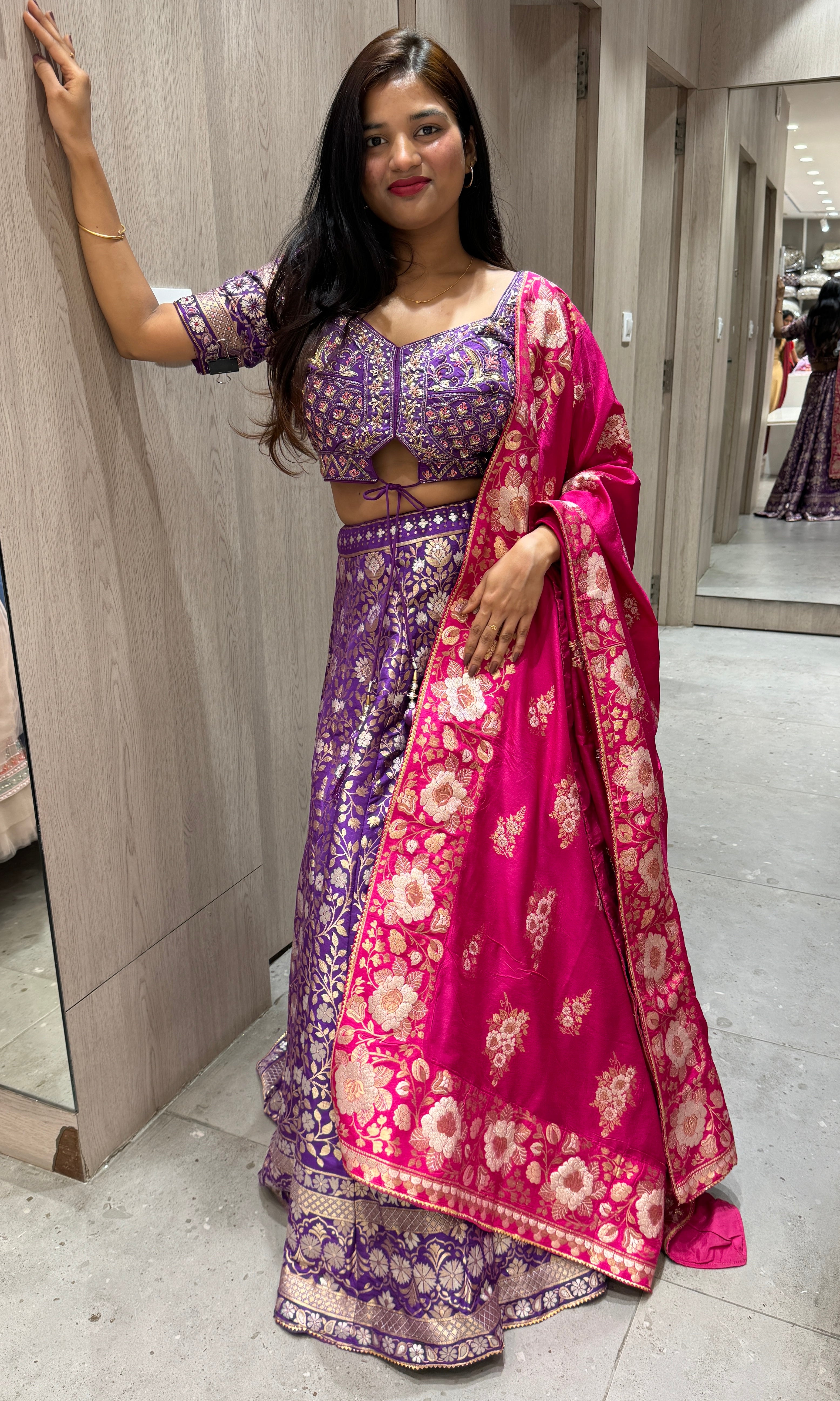 Purple Lehenga with pink Banarasi dupatta
