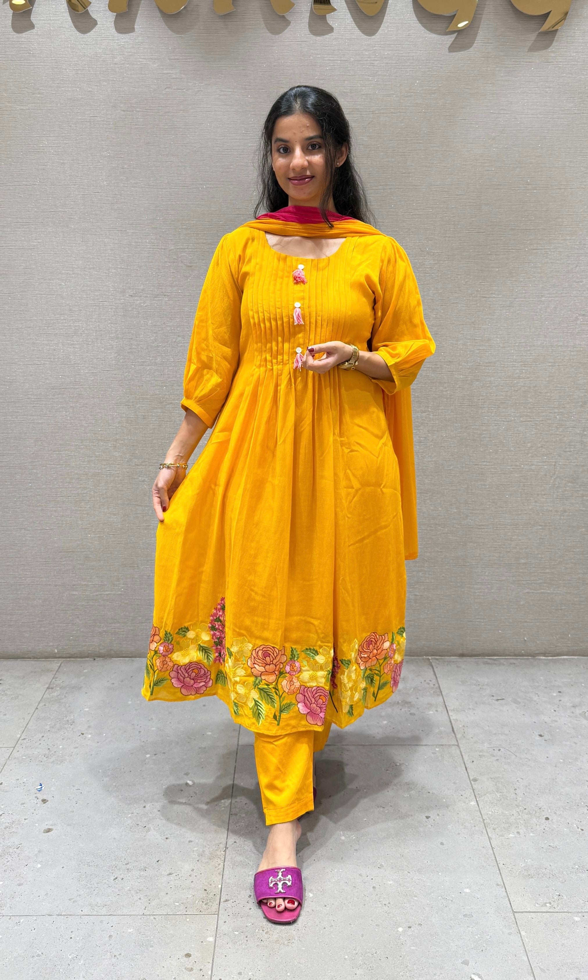 Yellow Flower Mul Chanderi kurta set