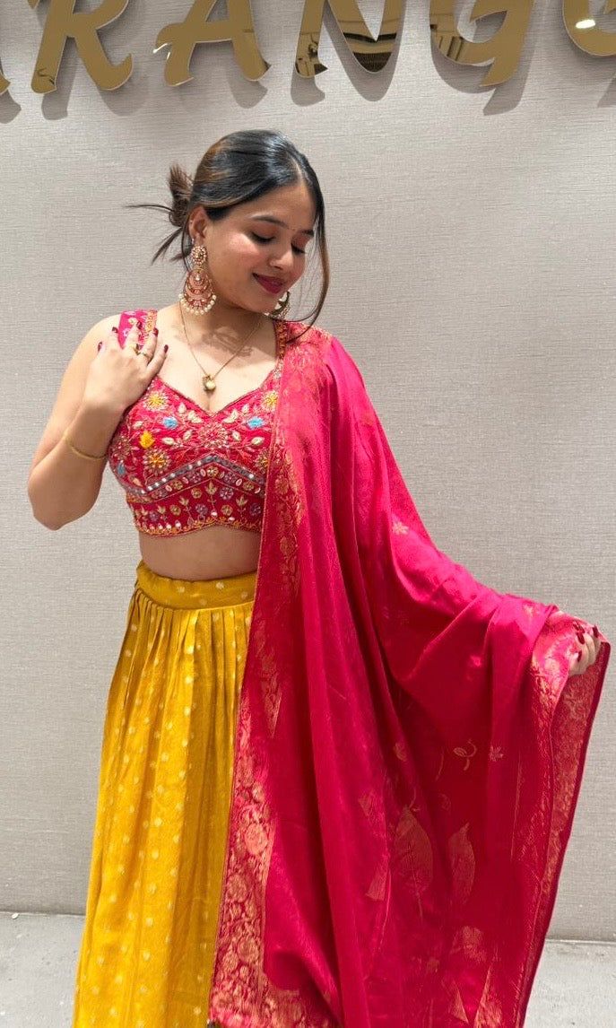 sunshine yellow and rani pink lehenga