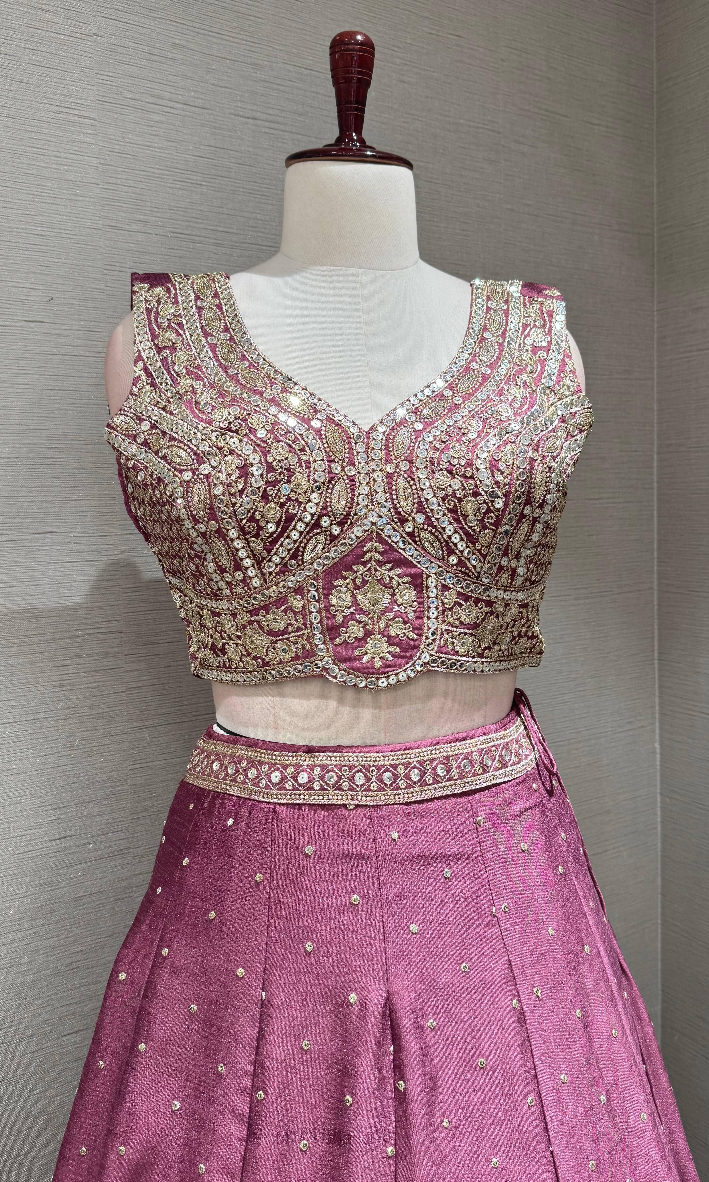 Wine Blossom Embroidered Crop Top Lehenga