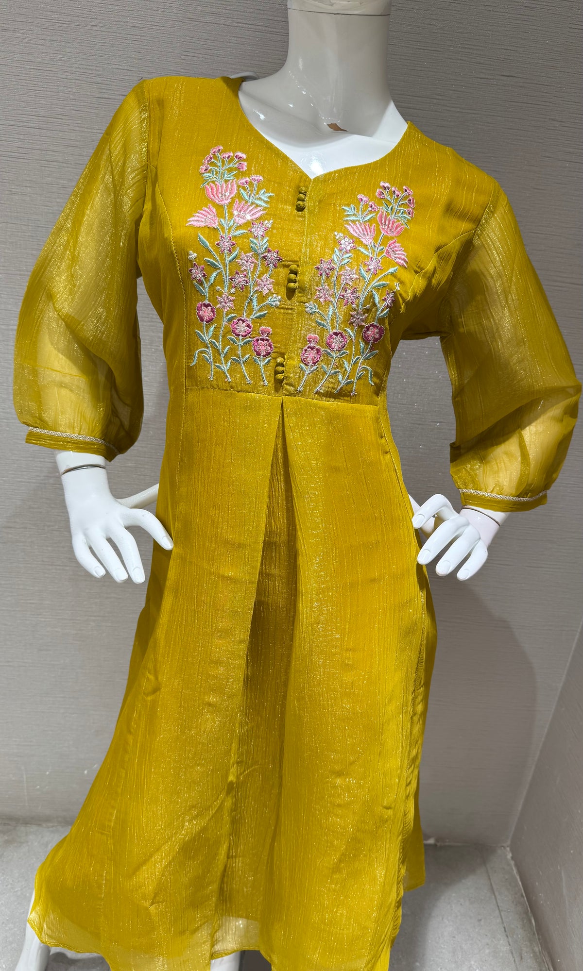 Mustard Yellow Floral Chanderi Kurta top