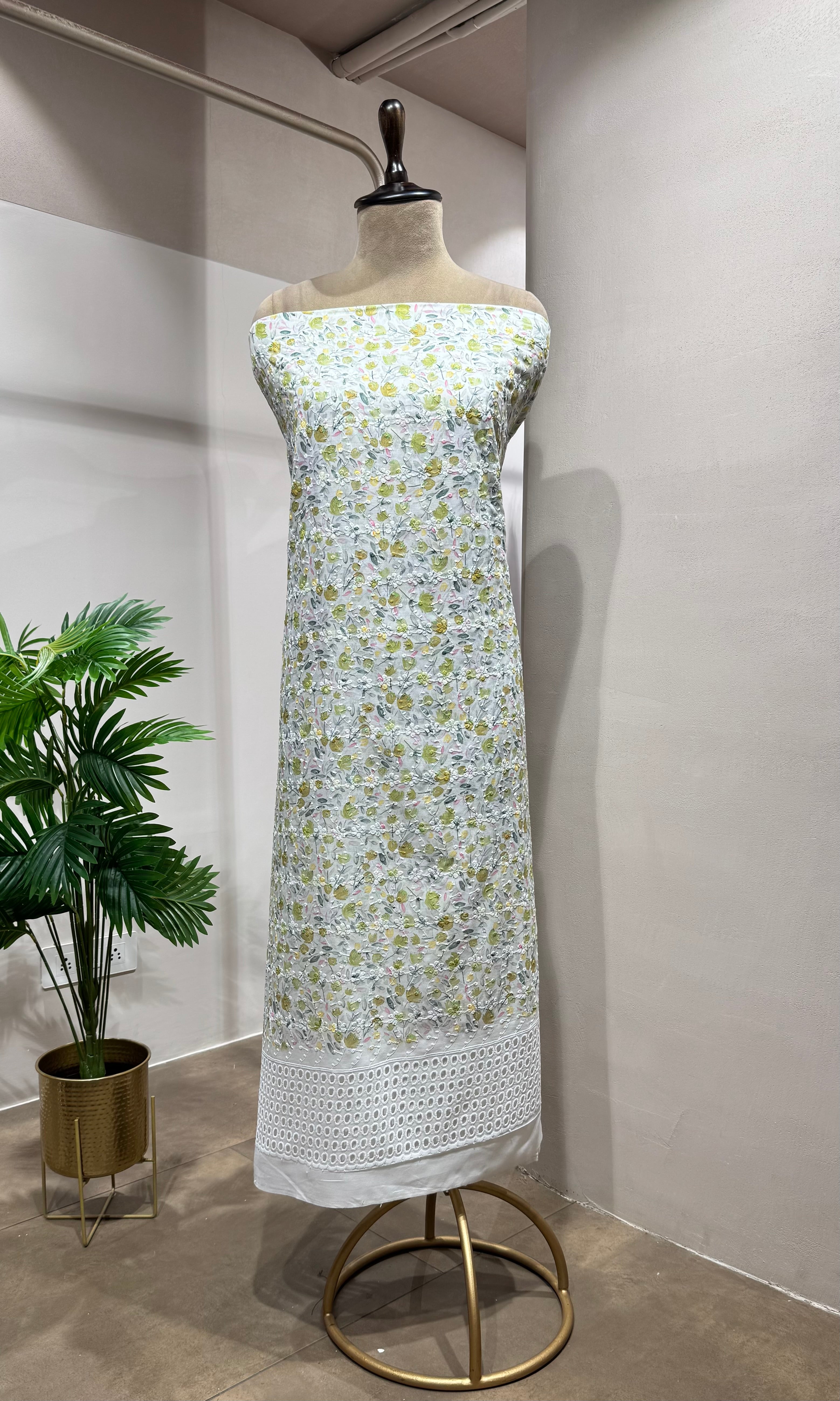 Green Floral Chikankari Dress Material