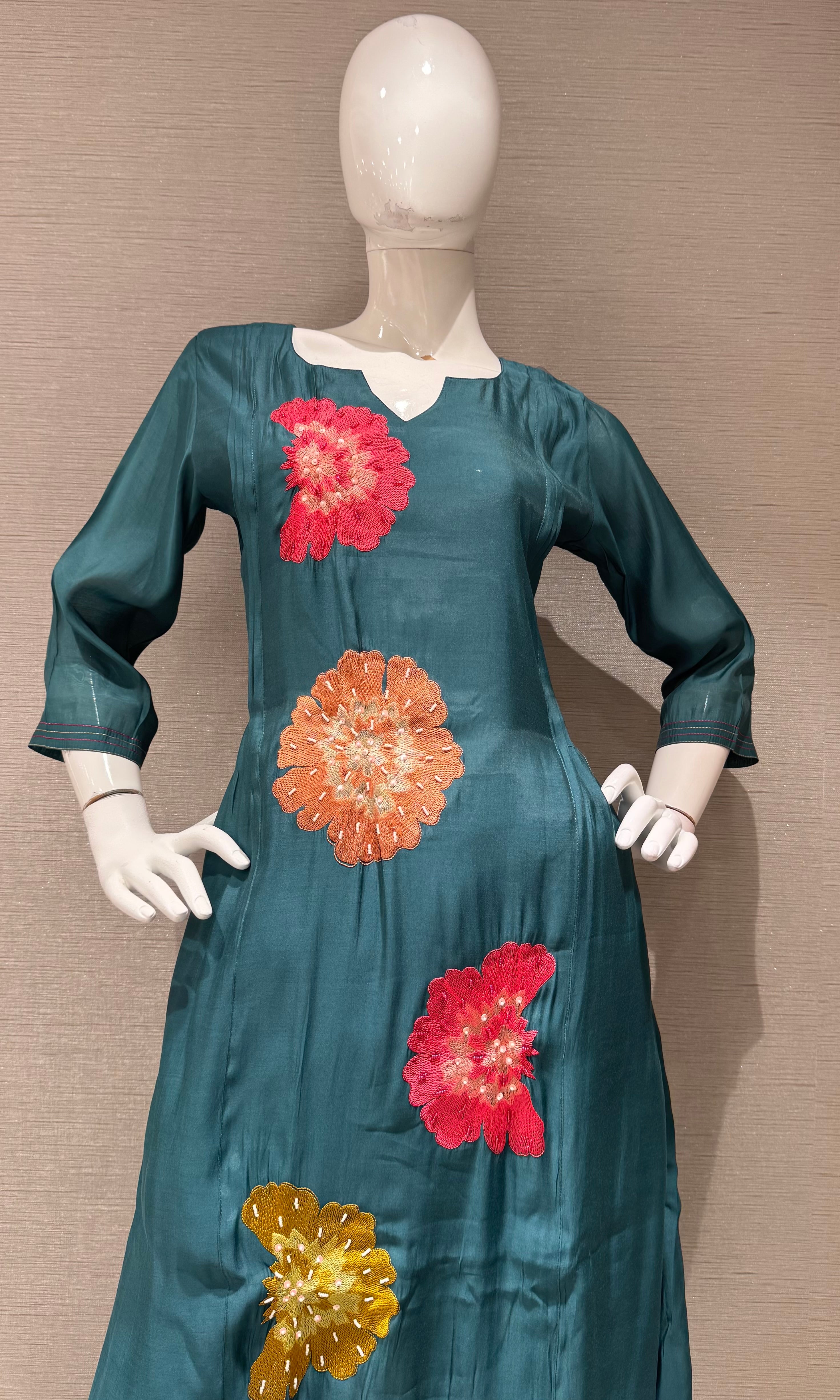 Sea Green cotton silk Floral Motif Kurta set with dupatta