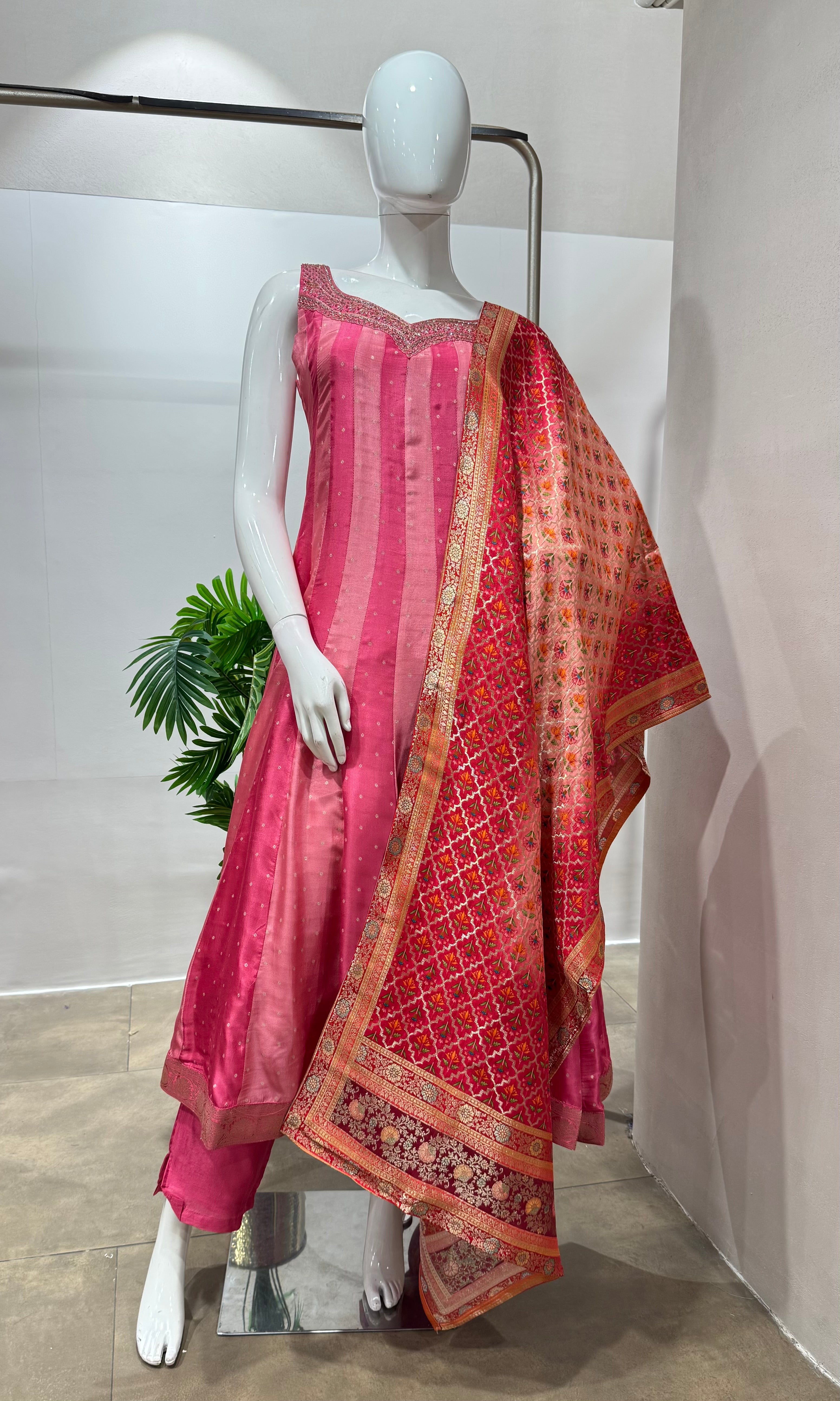 Light pink striped anarkali set