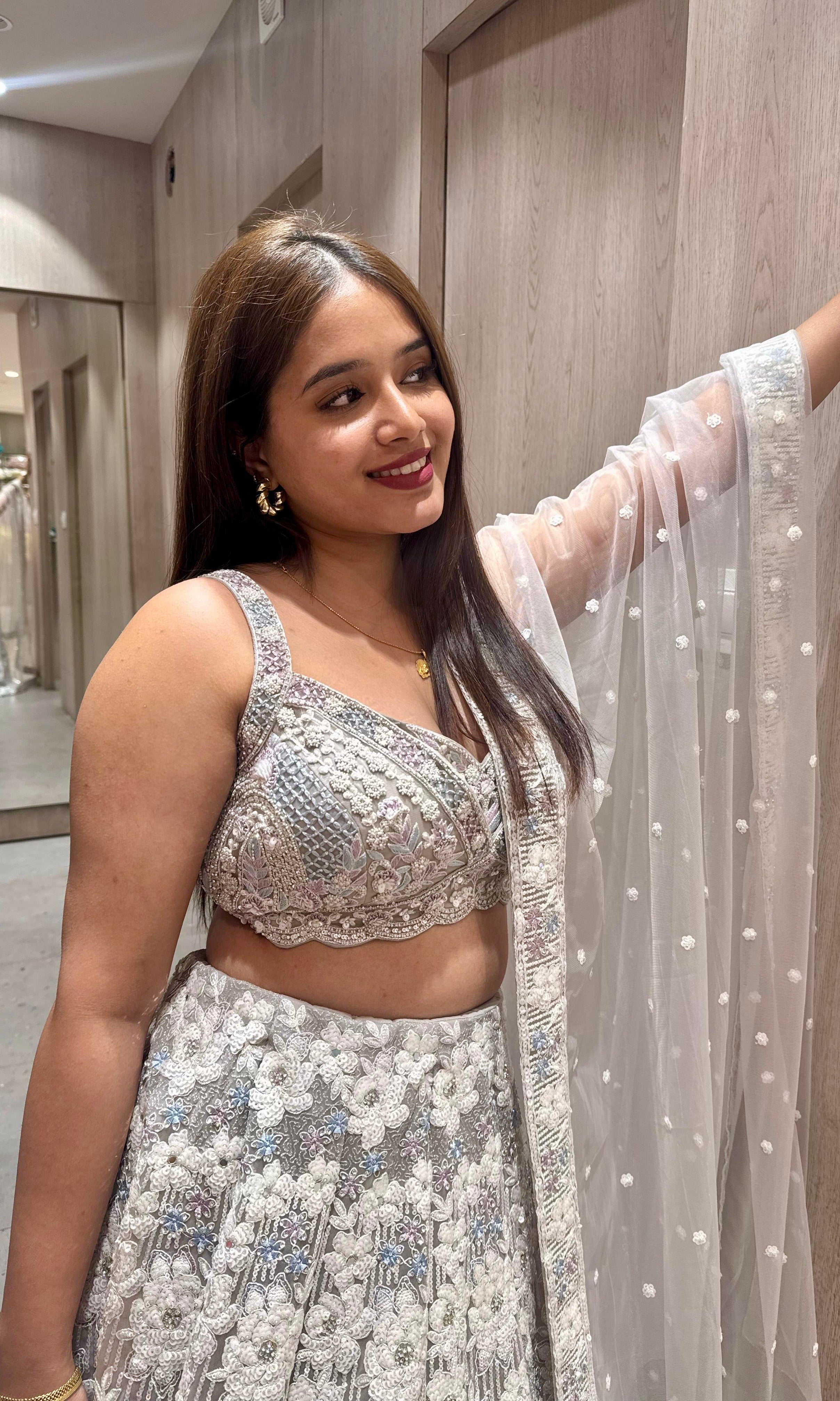 Grey Floral Lehenga with Intricate Parsi Work