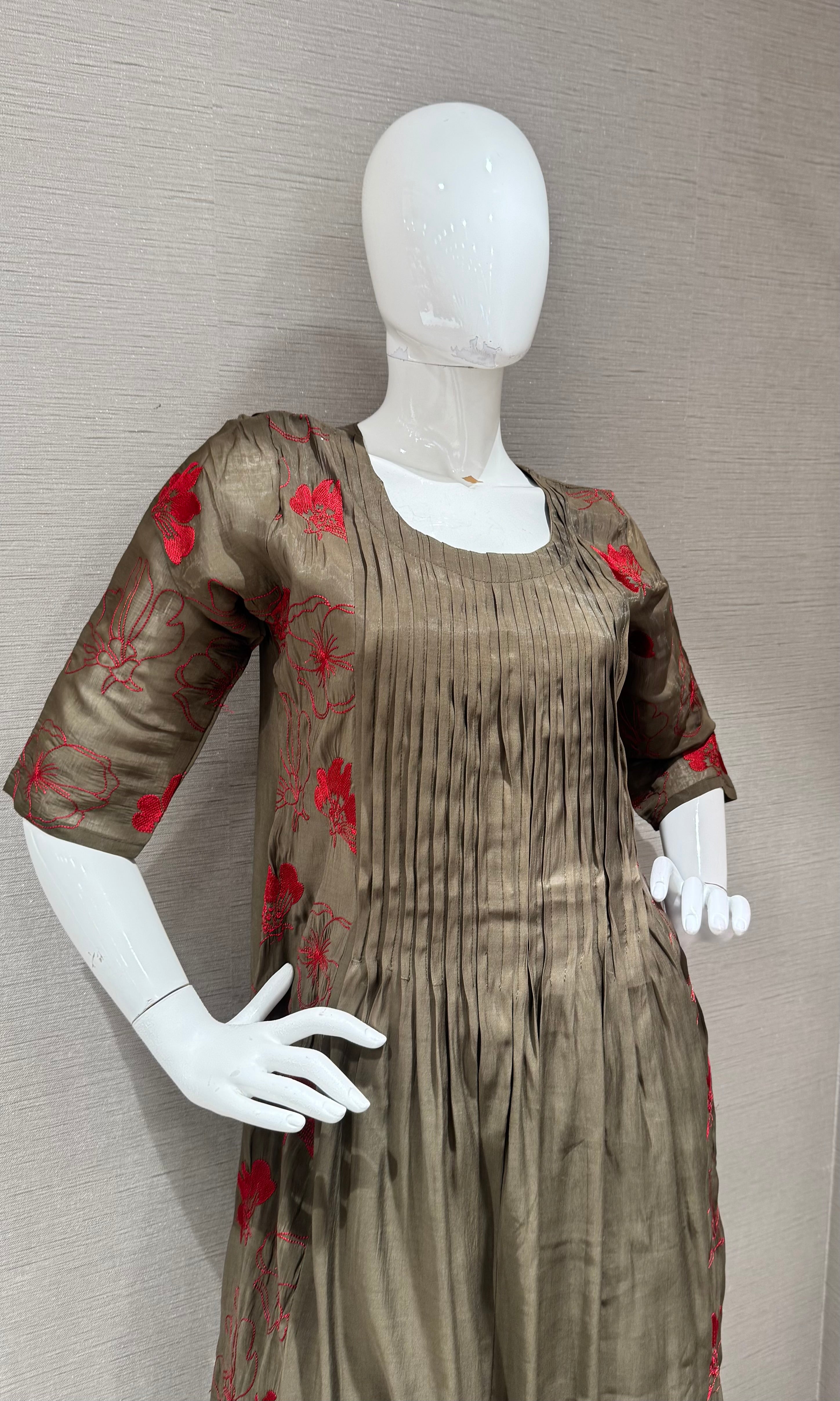 Olive green Embroidered Mul Cotton Kurta Set