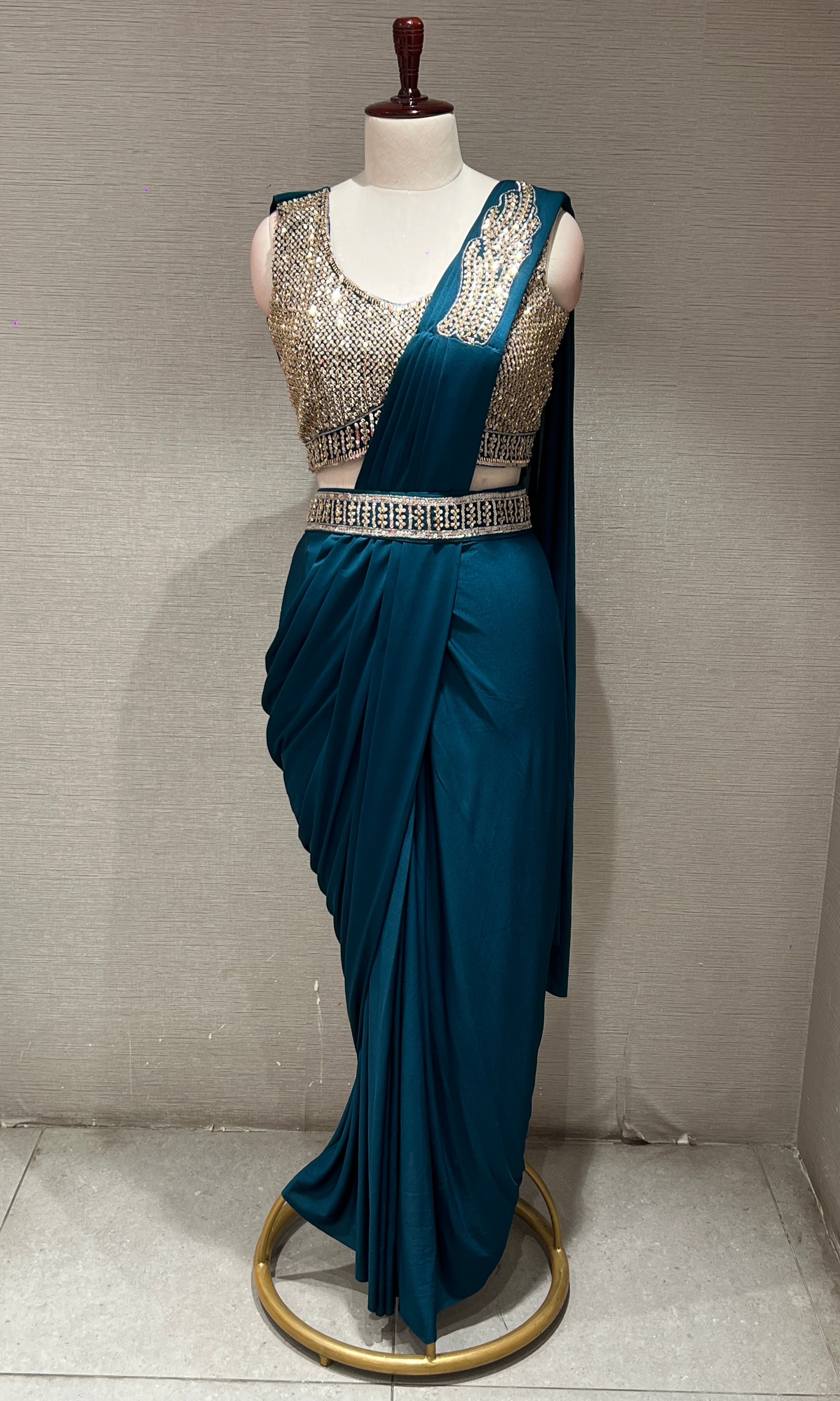 SEA GREEN DRAPE SAREE WITH FLORAL BLOUSE