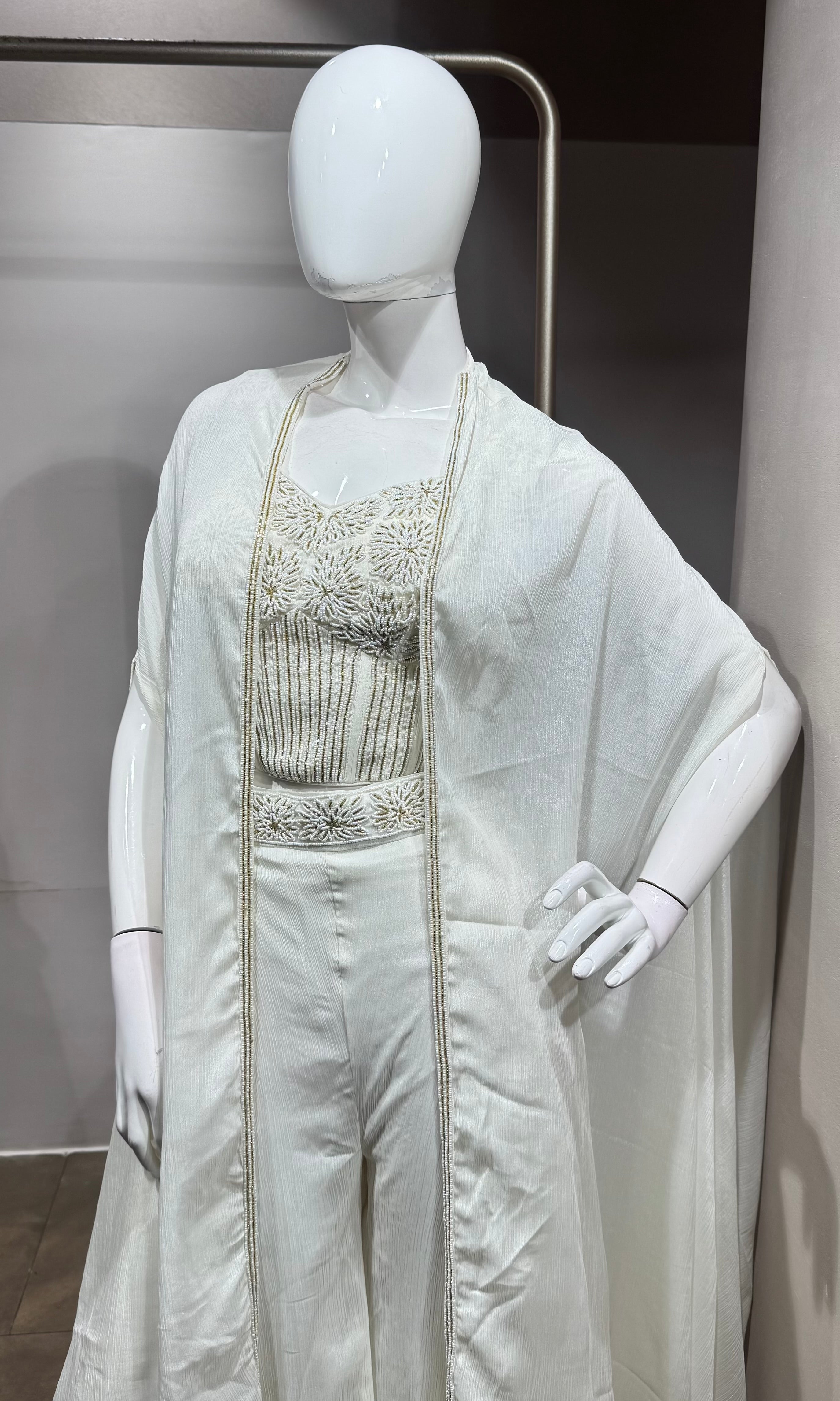 White Palazzo Set with Embroidered Crop Top and Cape Jacket