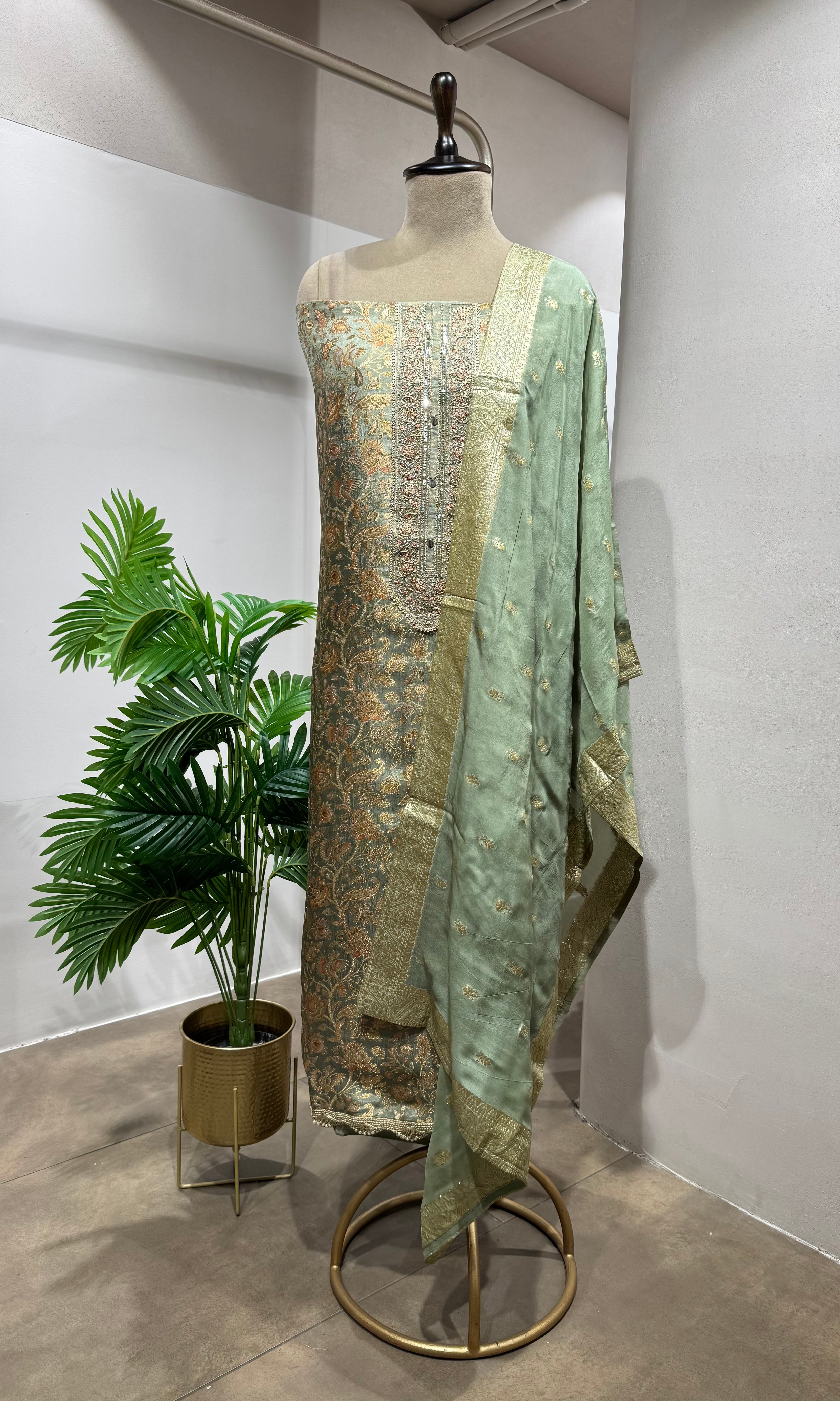 PISTA GREEN BANARASI SILK DRESS MATERIAL
