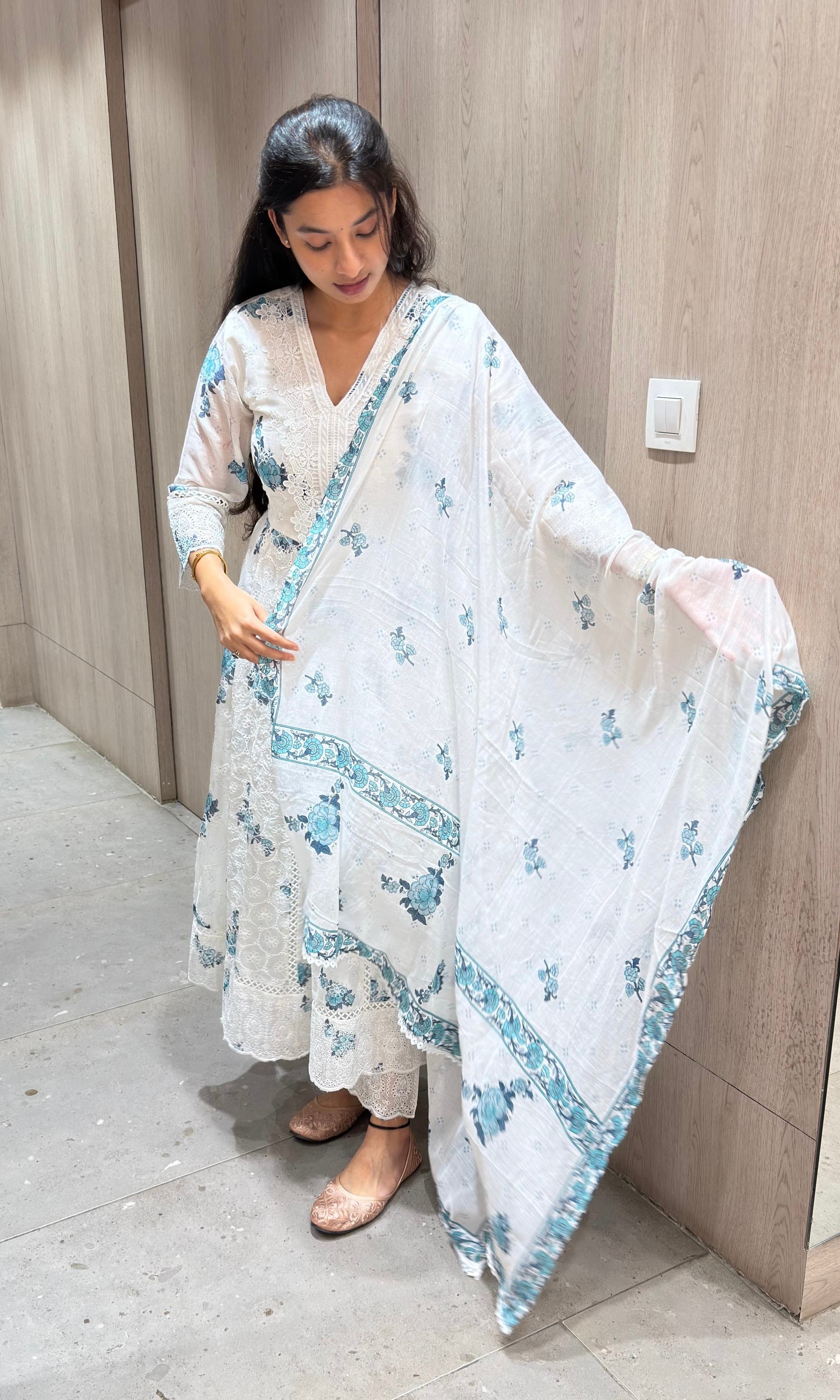 Blue floral motifs chikankari kurta set