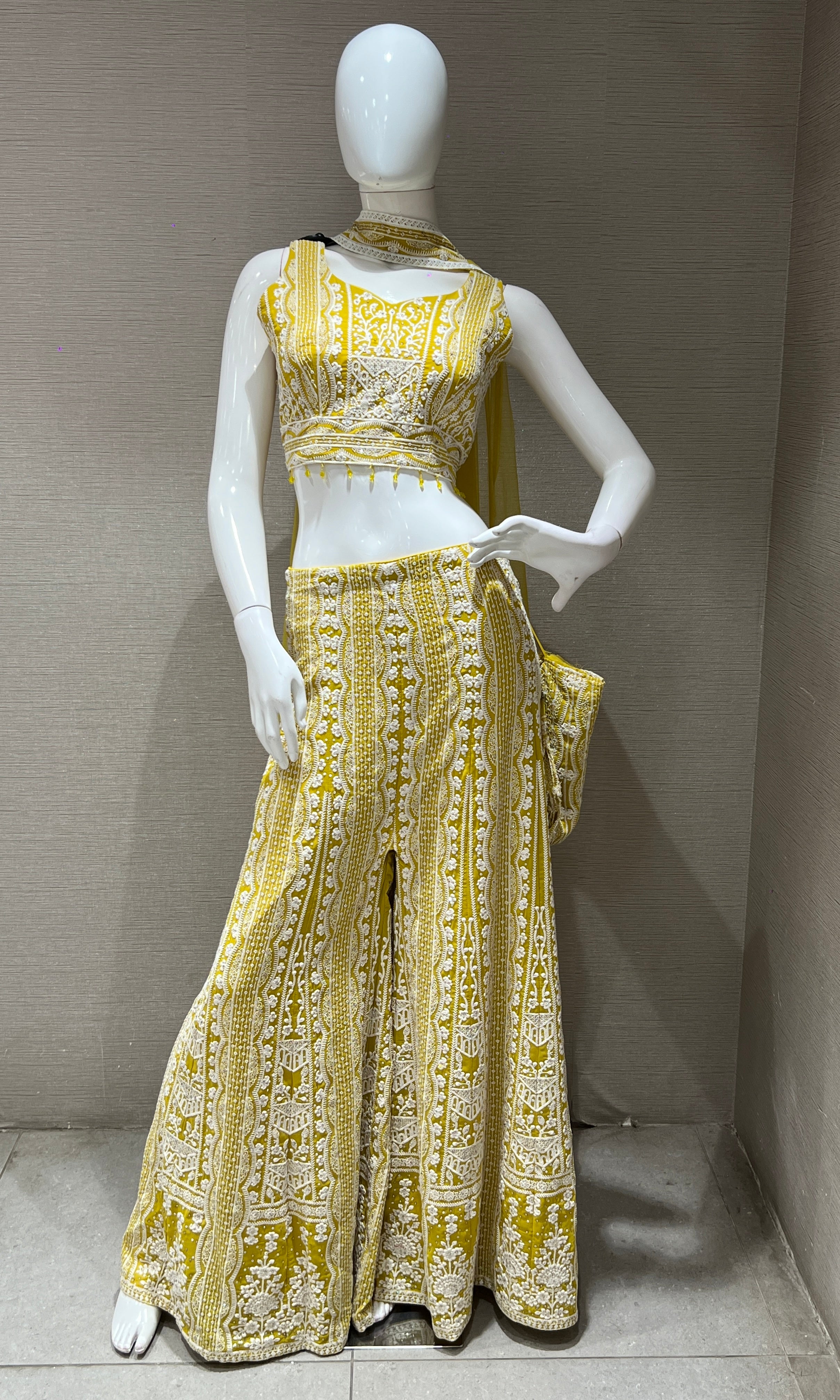sunshine Yellow palazzo set with thread embroidery