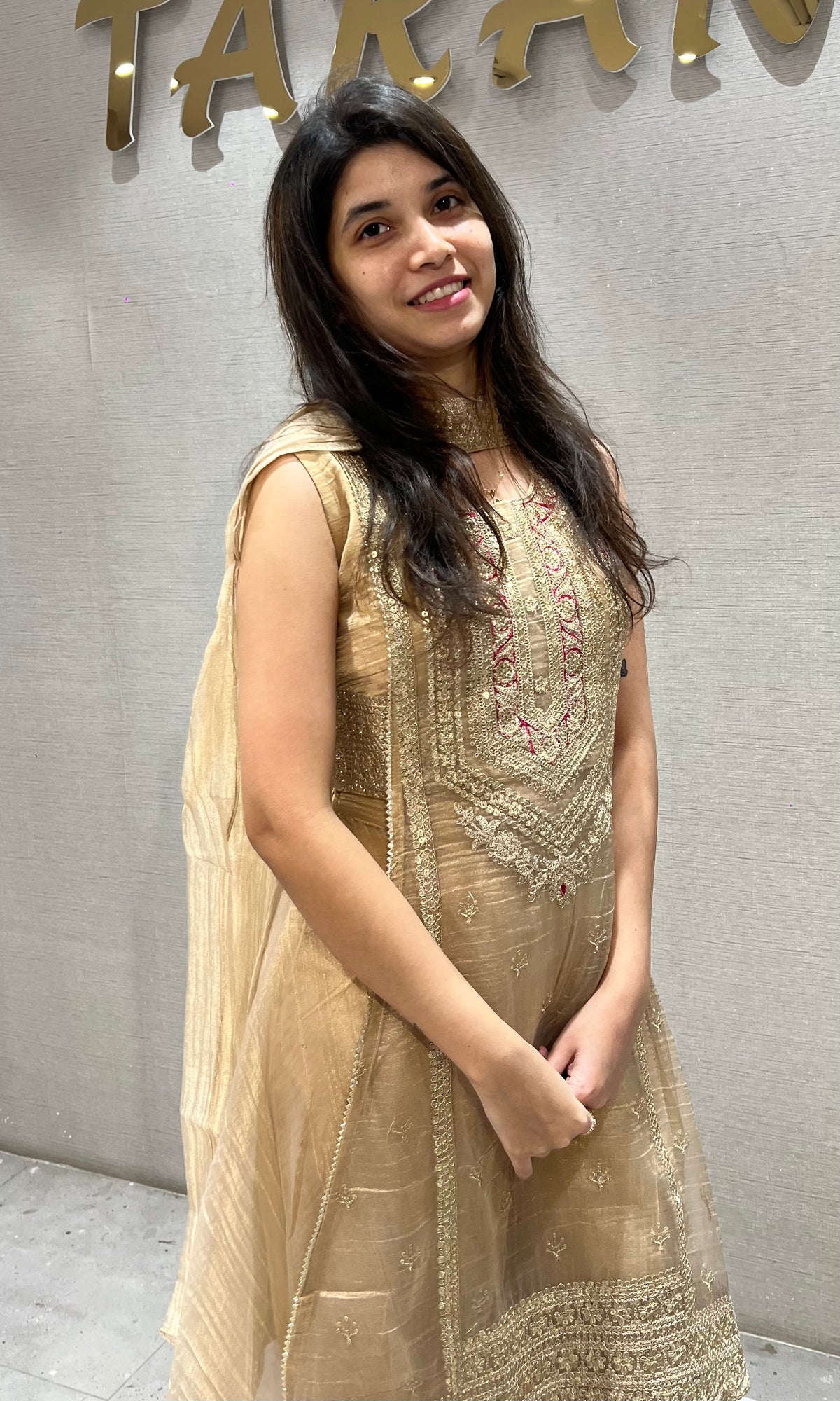 Beige tissue Embroidered Palazzo Set with Net Dupatta