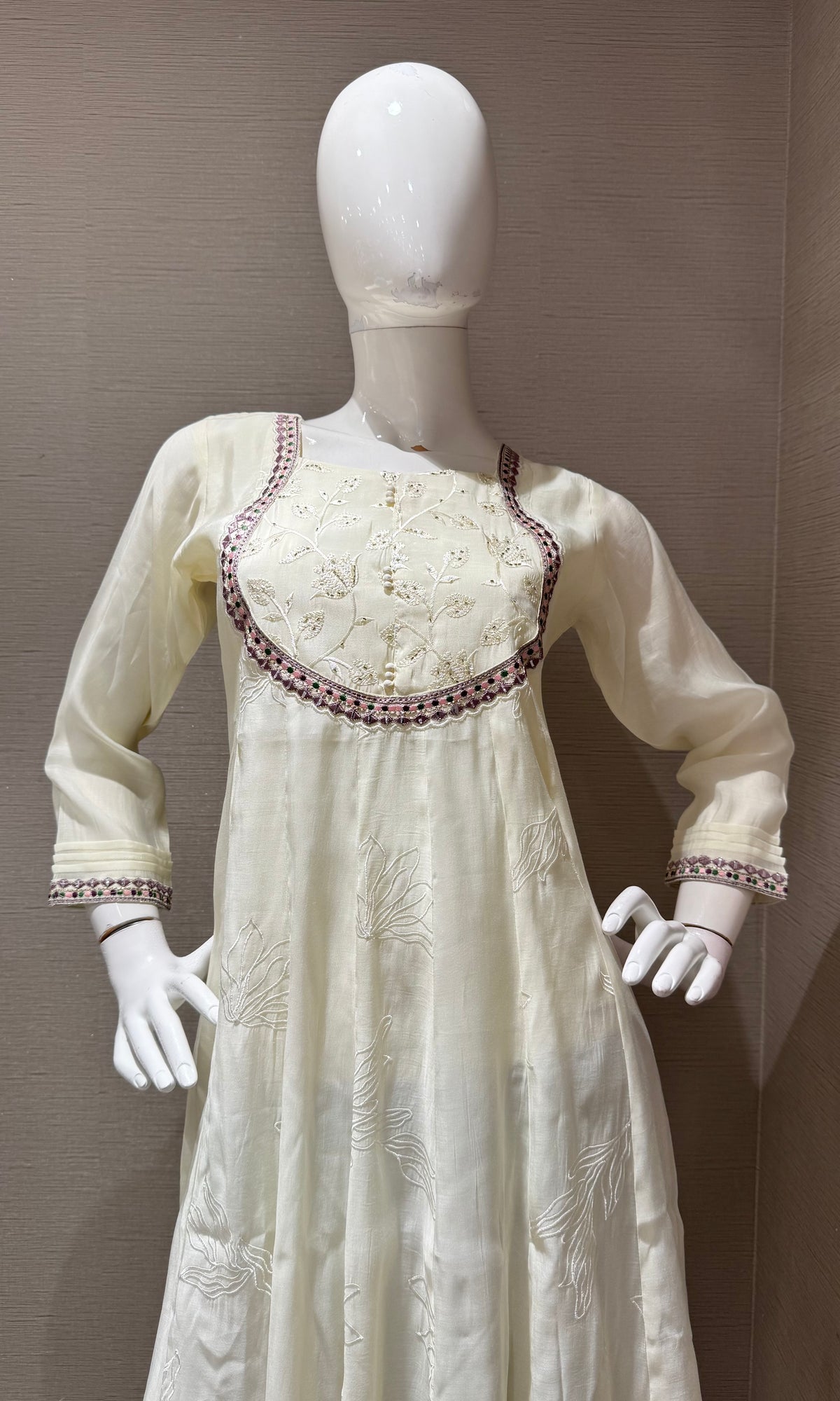 Cream Flared georgette Kurta top with Intricate Neckline