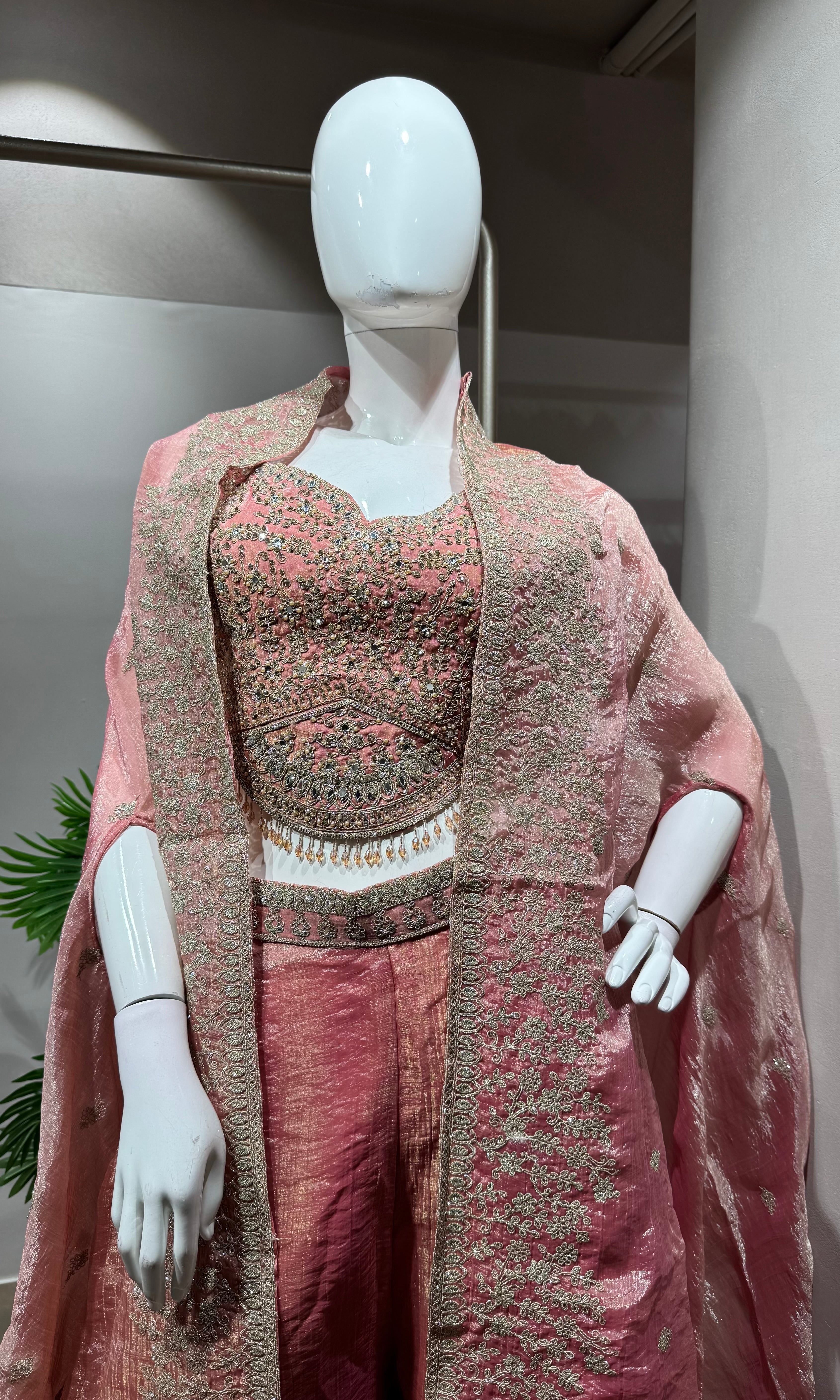 Rose Pink Jacquard Jacket Palazzo Set