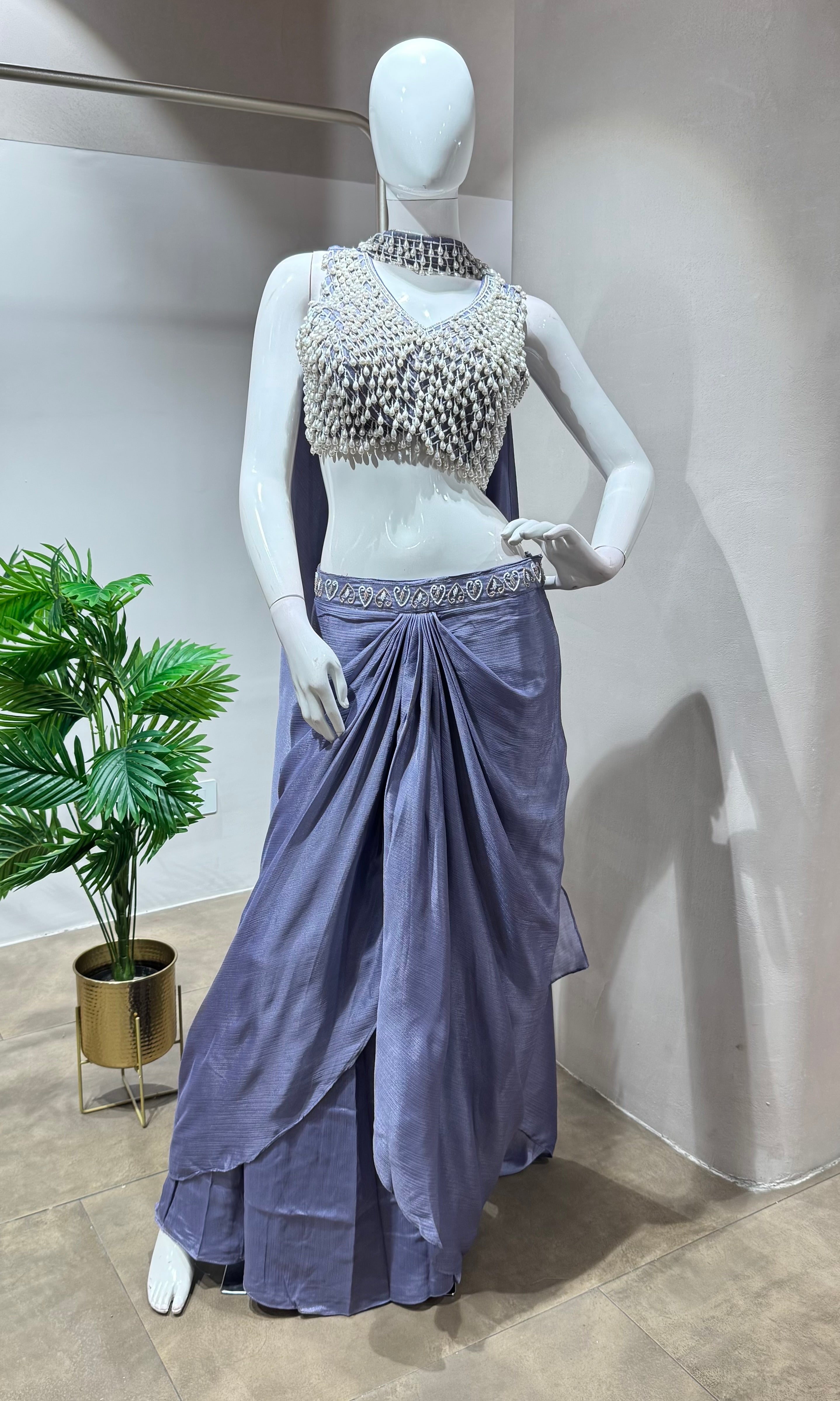 Lavender pearl blouse with drape skirt