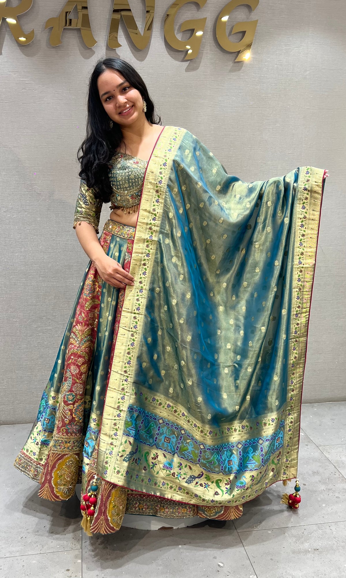 Rama and Golden banarasi Embroidered Silk Lehenga set