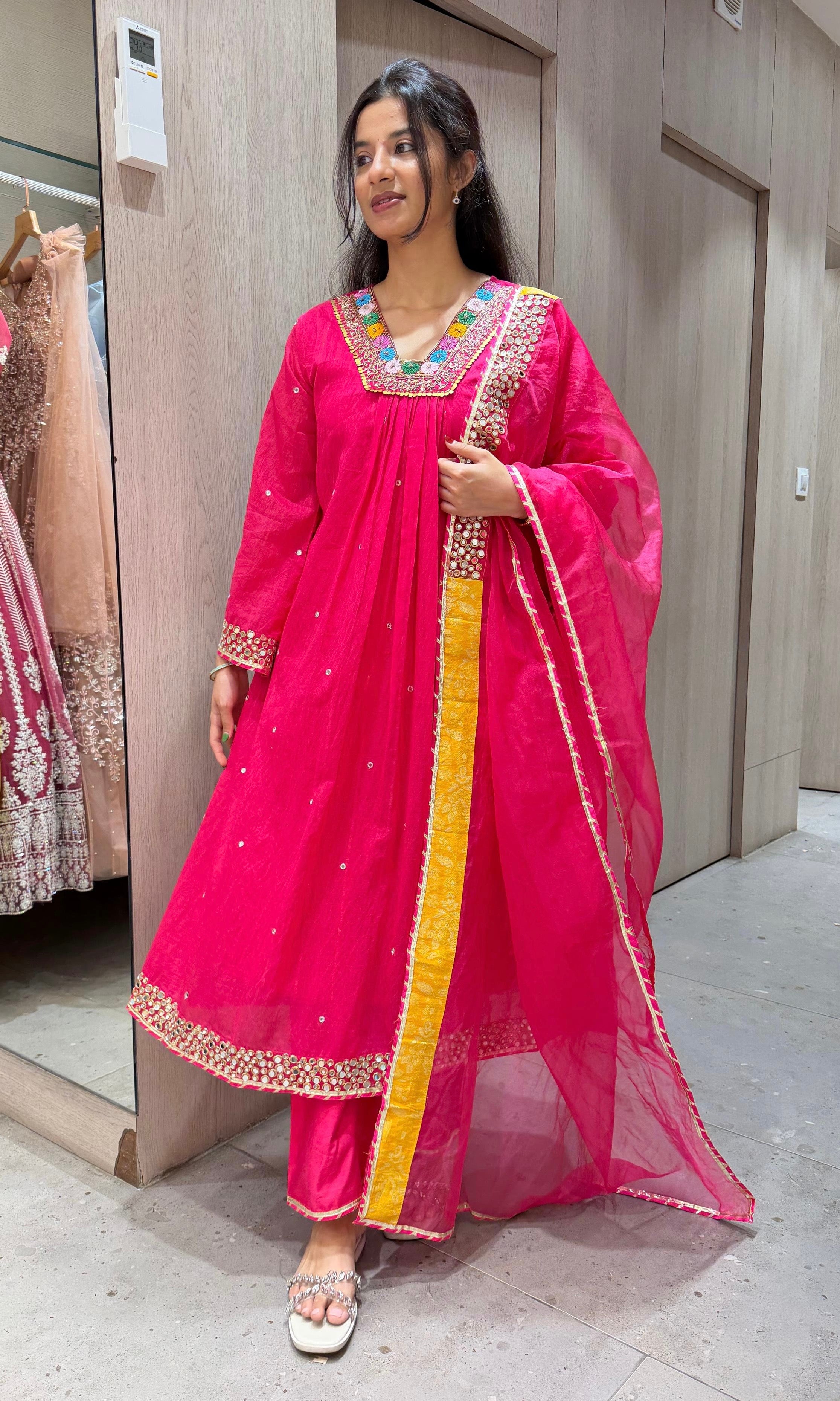 RANI PINK FLORAL NECK A LINE kurta set