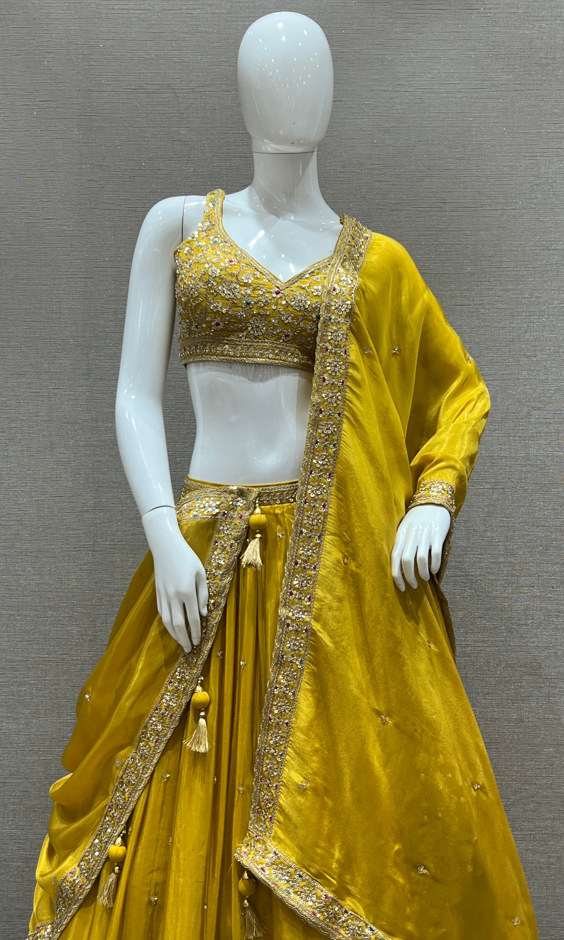 Sunehri- Mustard Yellow Lehenga with Gold and Floral Embroidery Work