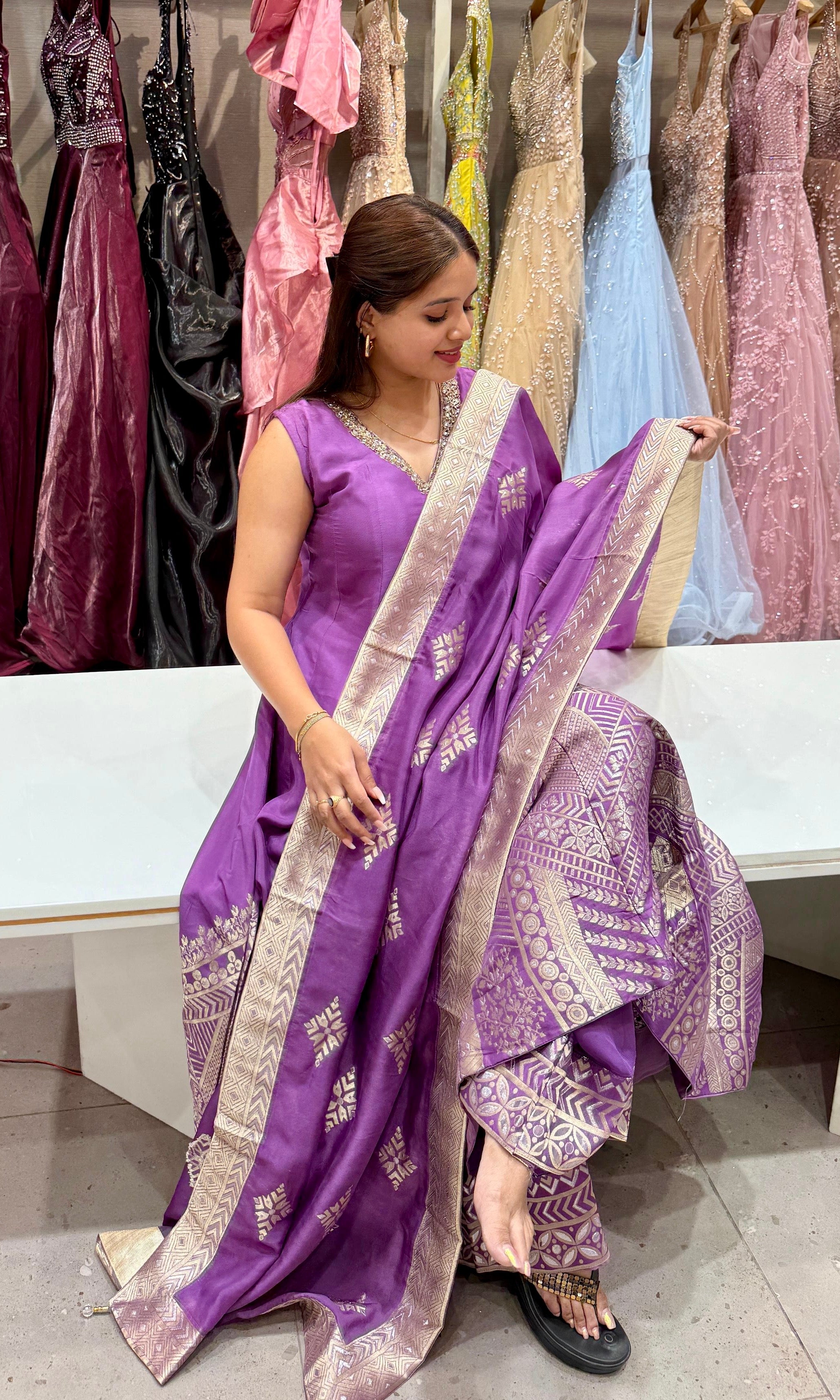 Purple Banarasi Anarkali with palazzo