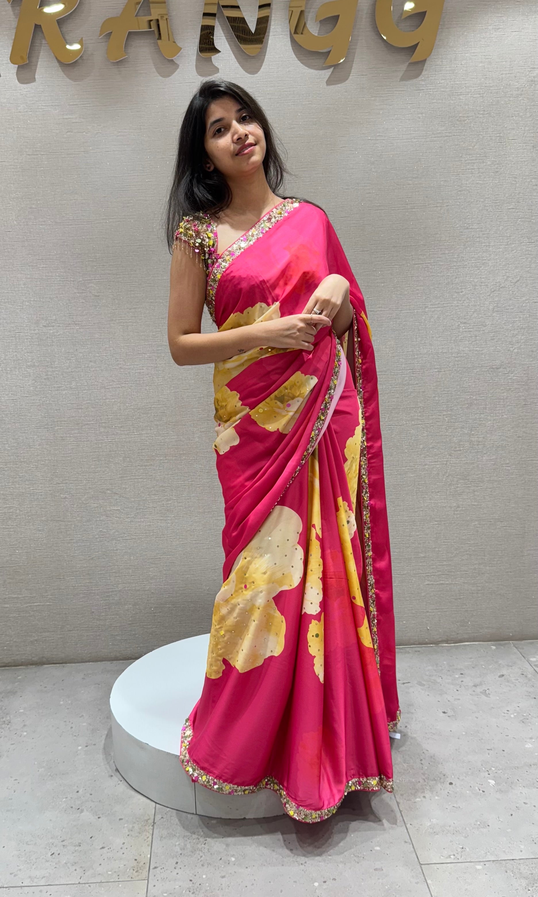 Pink Floral Saree WITH EMBROIDERED BLOUSE