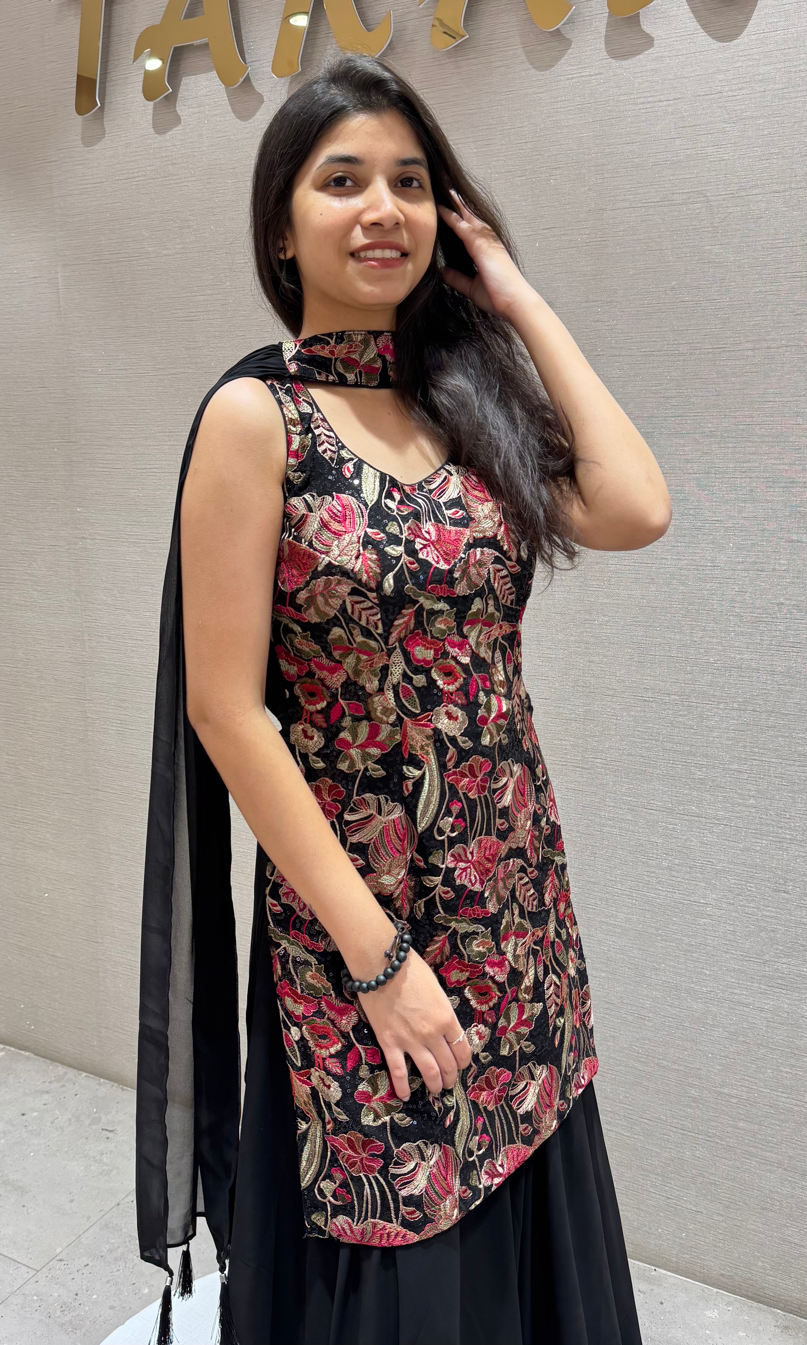 Black FLORAL EMBROIDERED SHARARA SET